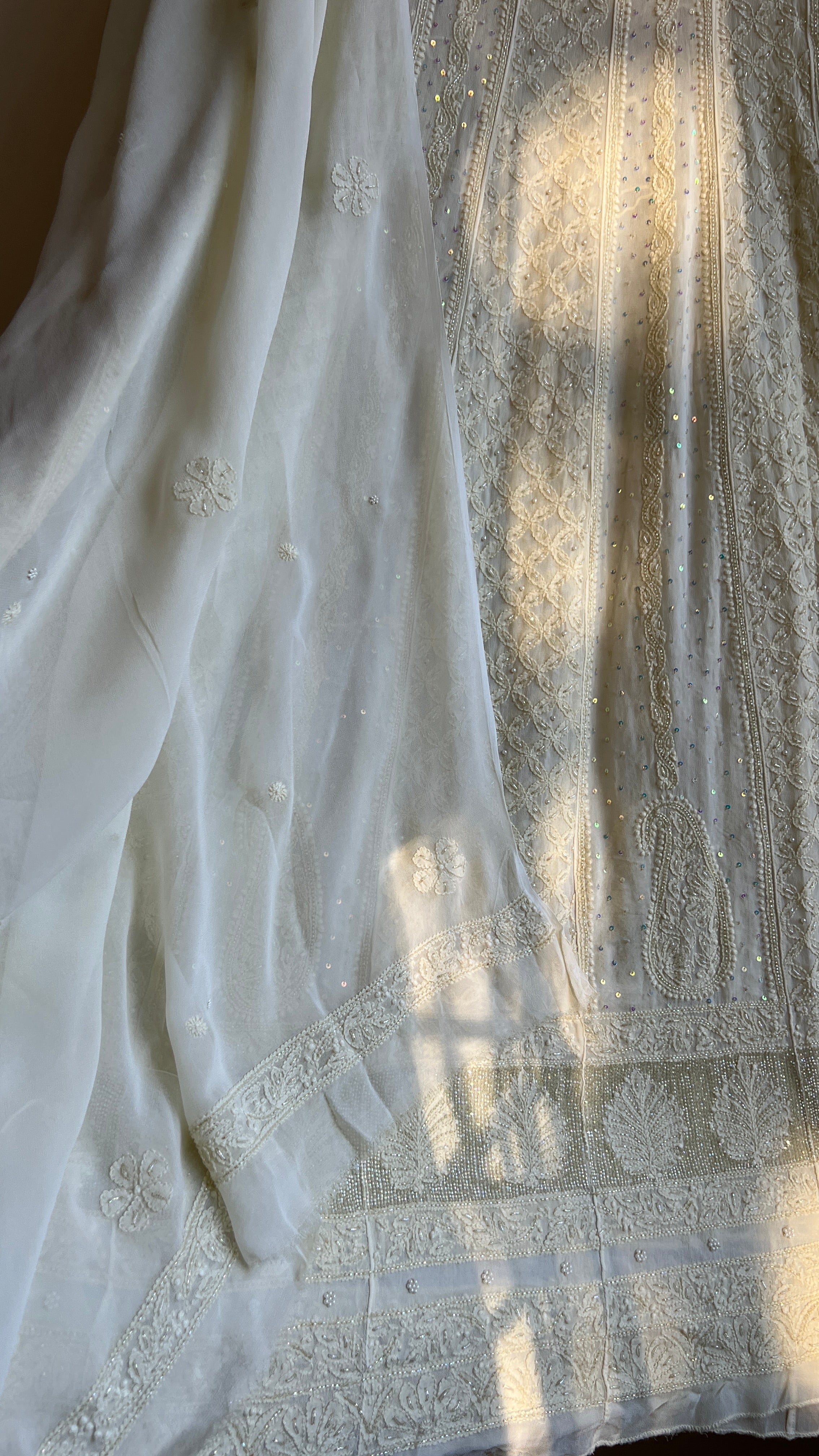 Viscose Anarkali - Semi Stitched - Pearl Work - Ivory Pistachio Green