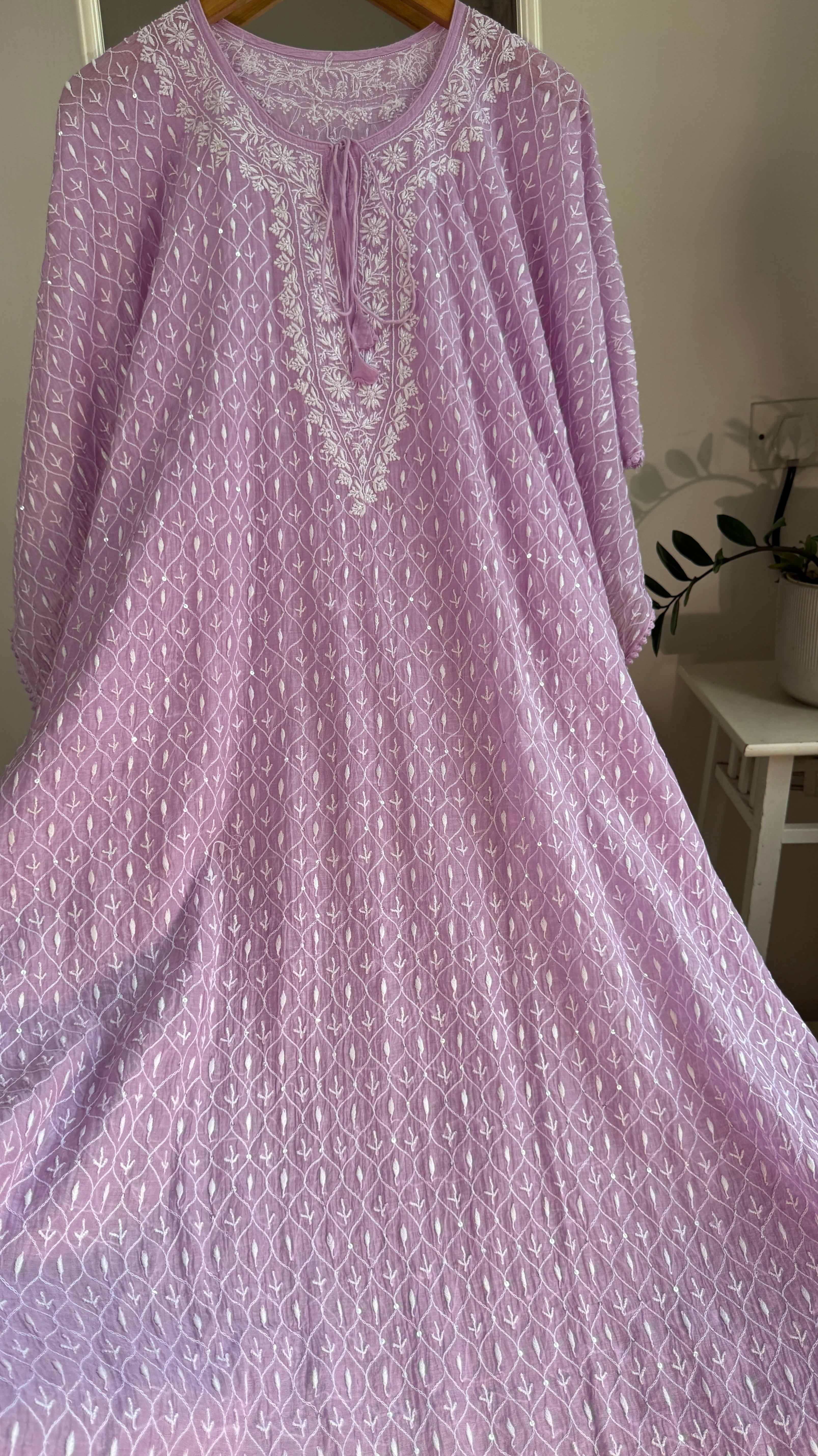 Mul Chanderi Chikankari Kaftan - Lilac