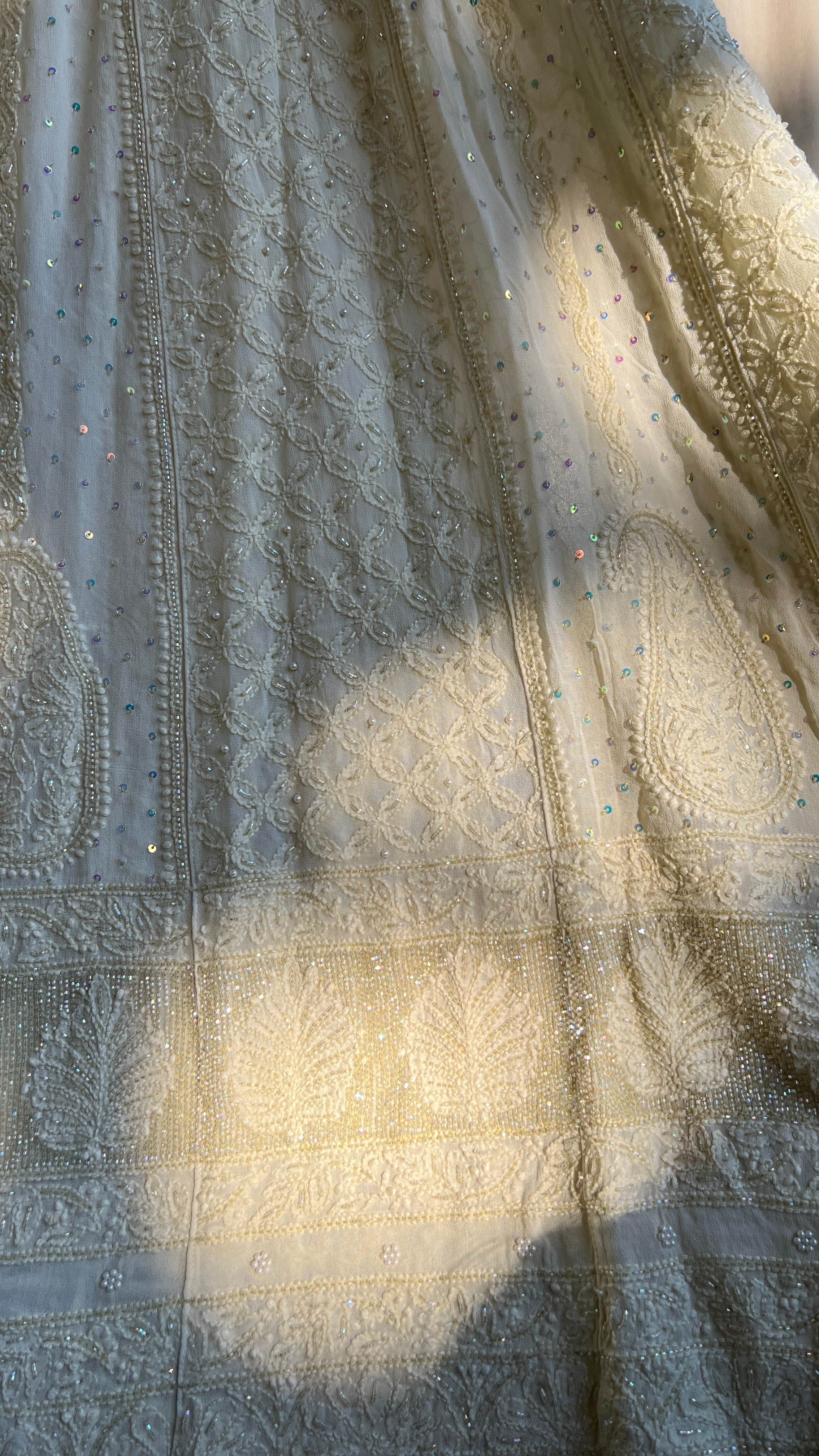 Viscose Anarkali - Semi Stitched - Pearl Work - Ivory Pistachio Green