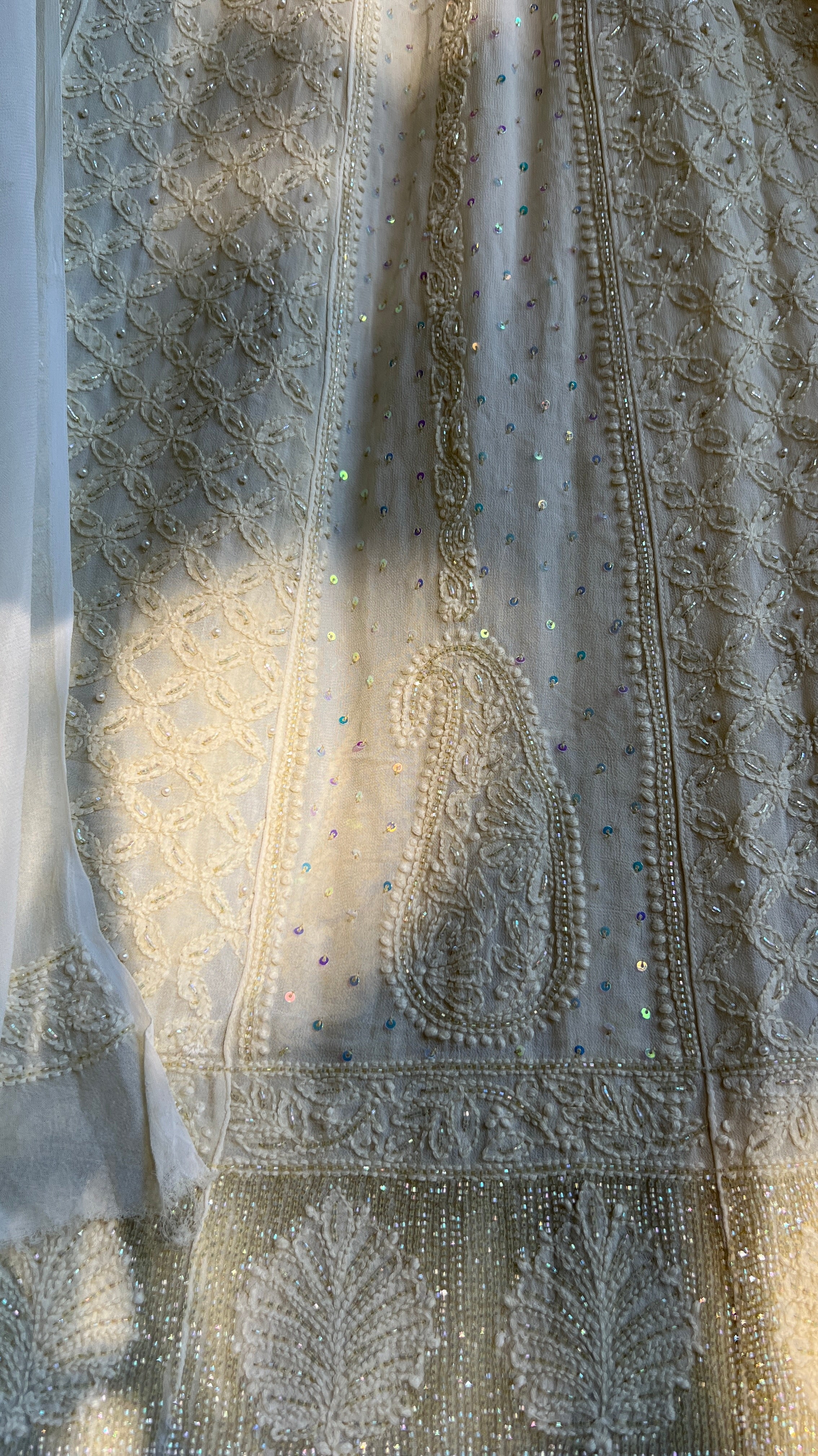 Viscose Anarkali - Semi Stitched - Pearl Work - Ivory Pistachio Green