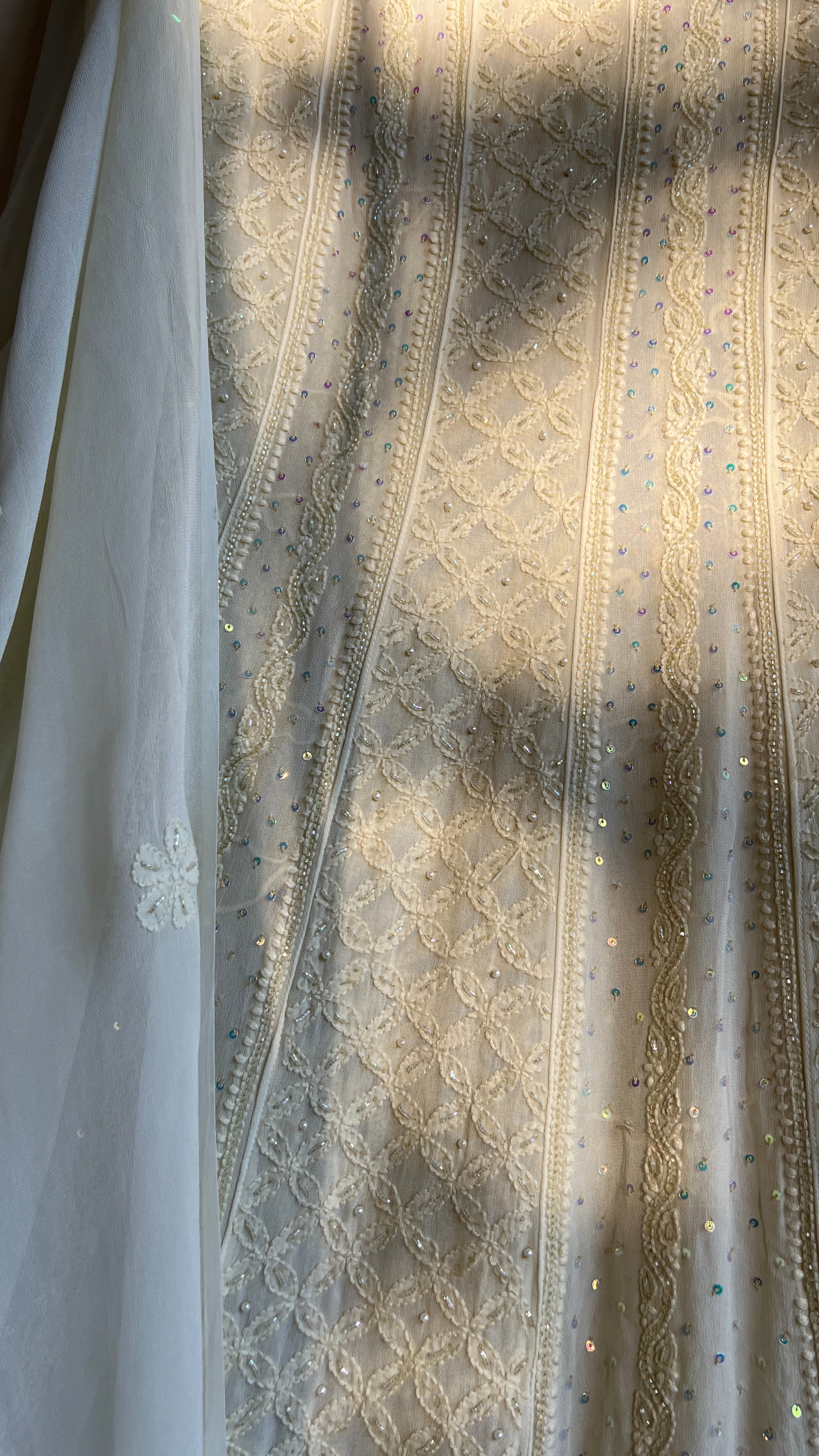 Viscose Anarkali - Semi Stitched - Pearl Work - Ivory Pistachio Green