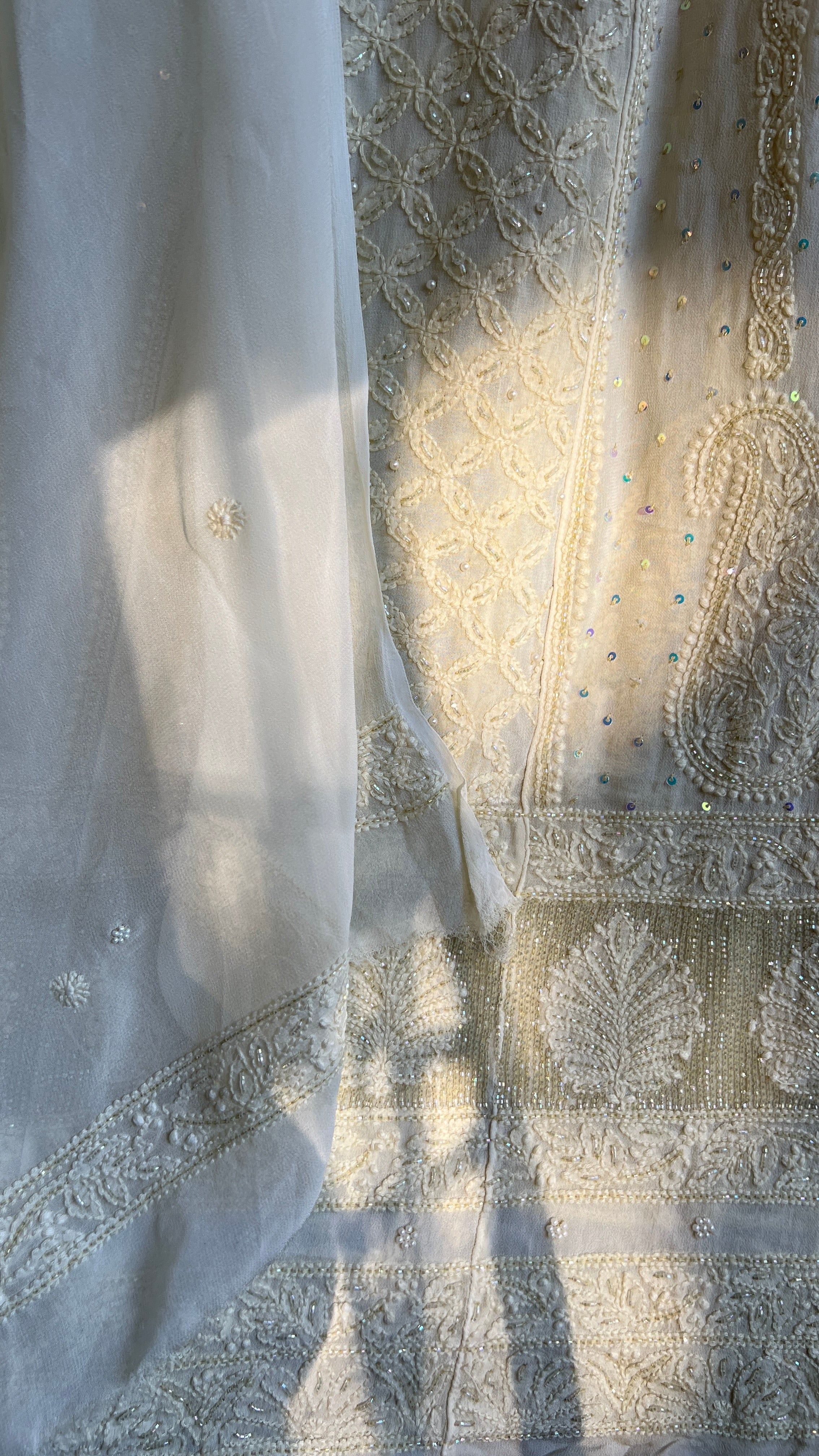 Viscose Anarkali - Semi Stitched - Pearl Work - Ivory Pistachio Green