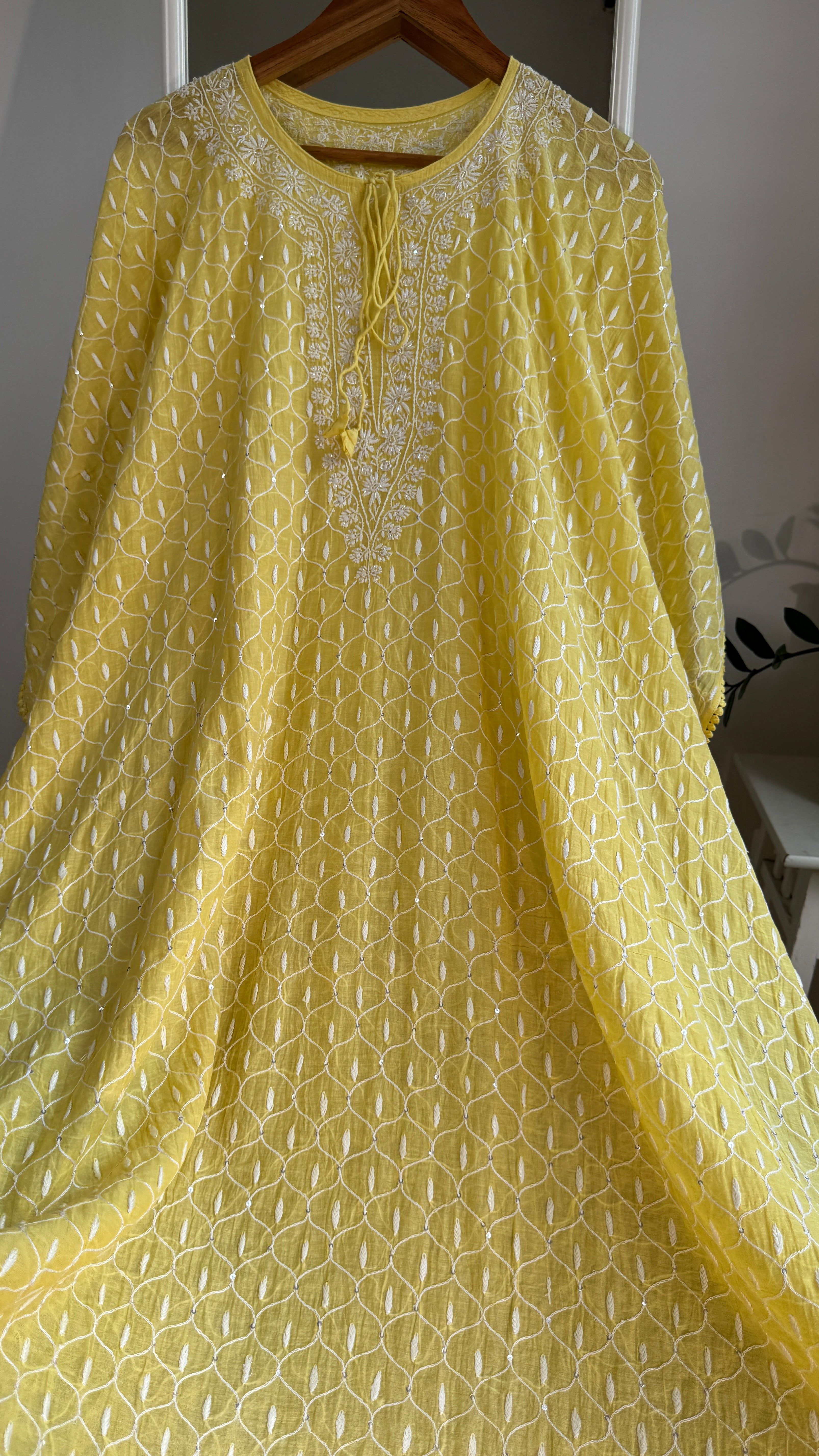 Mul Chanderi Chikankari Kaftan -Yellow