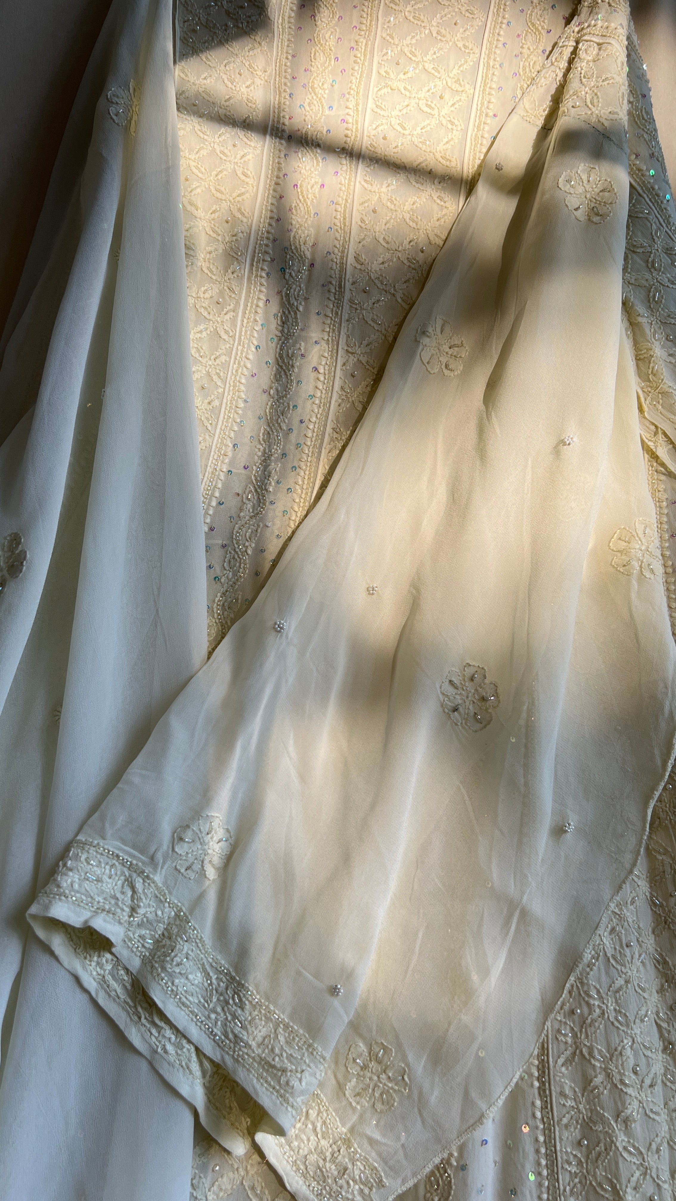 Viscose Anarkali - Semi Stitched - Pearl Work - Ivory Pistachio Green