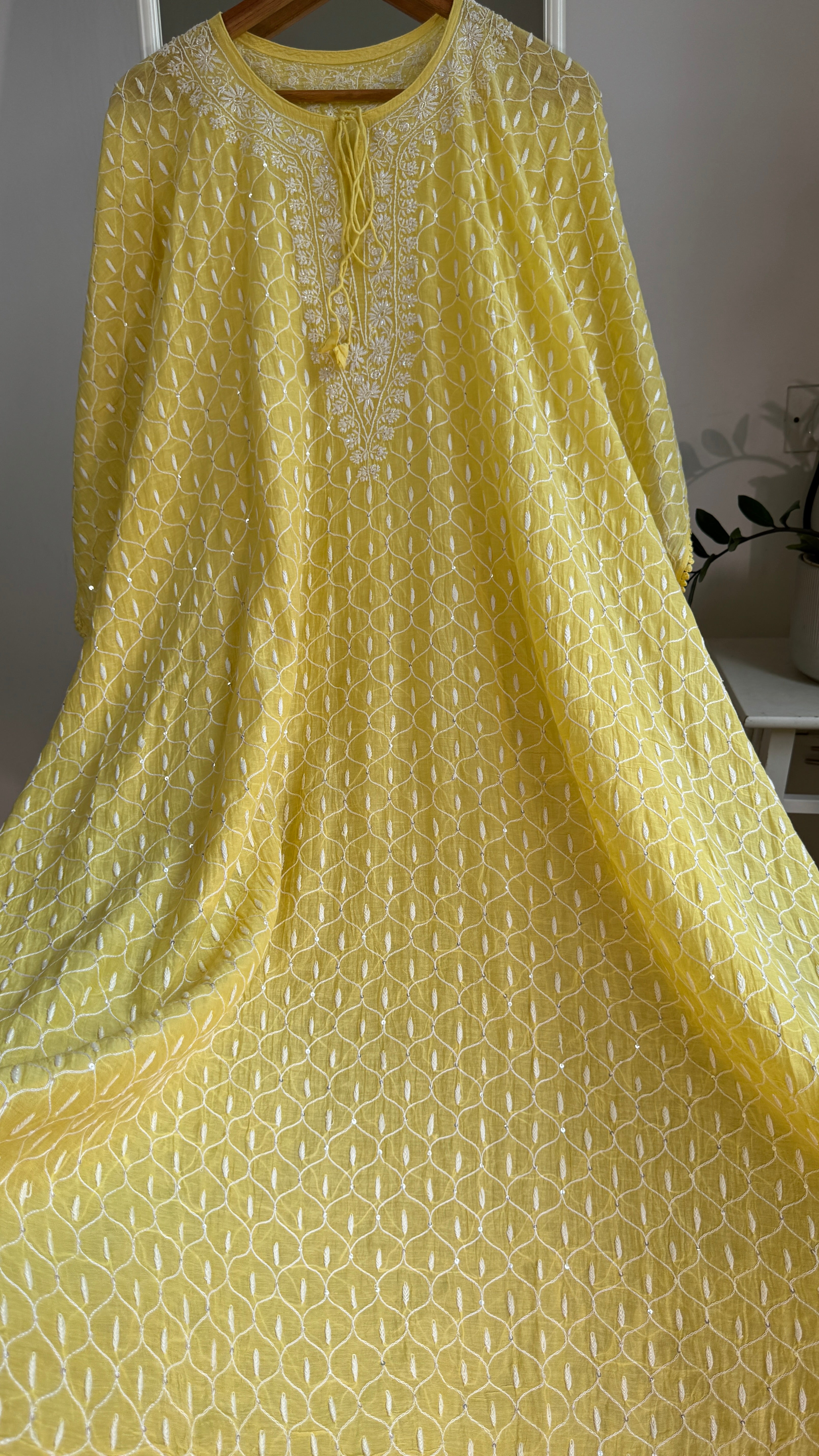 Mul Chanderi Chikankari Kaftan -Yellow