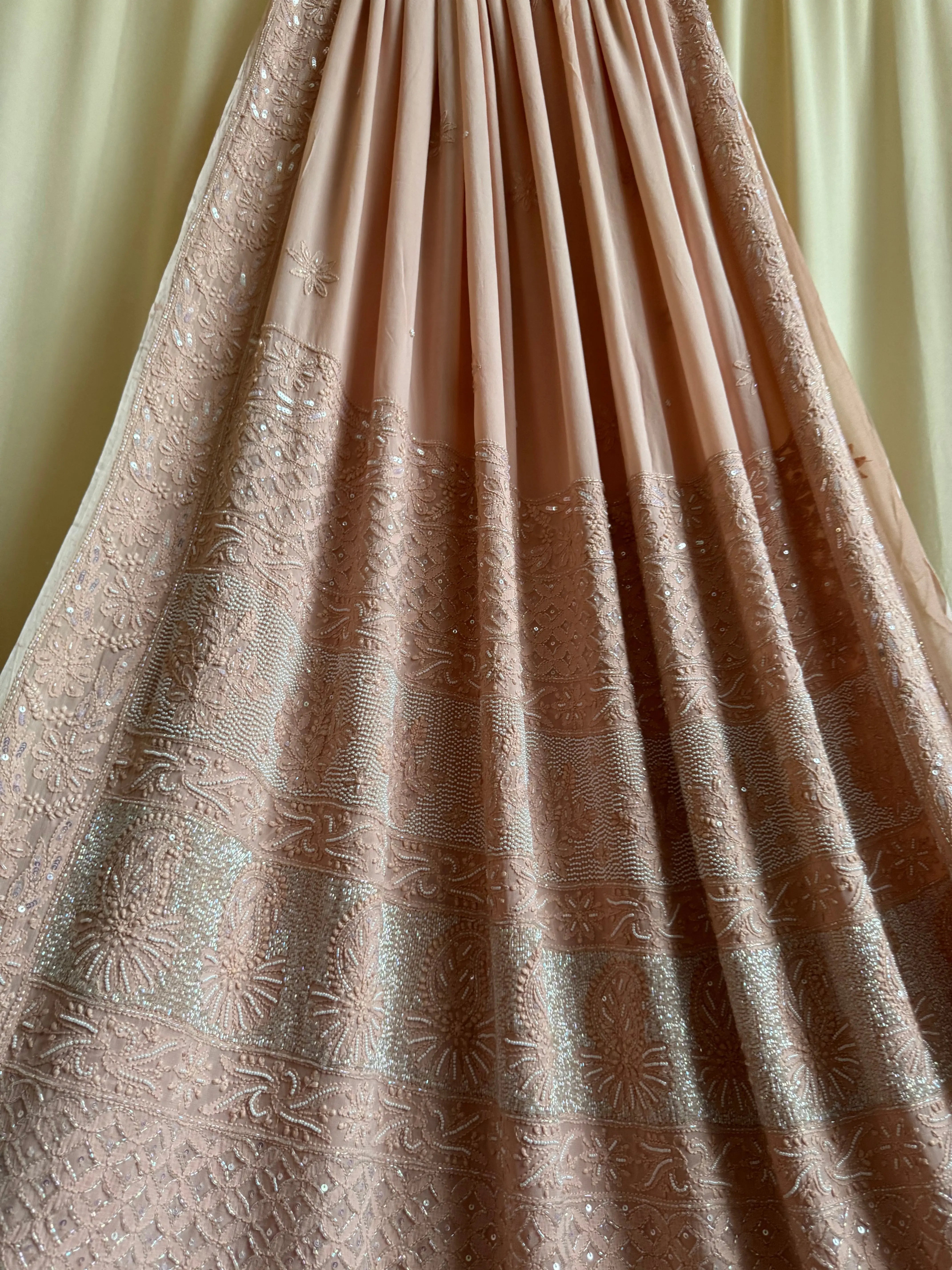 Viscose Almond Brown Chikankari saree with Pearl embellishments ARIAA CHIKANKARI 