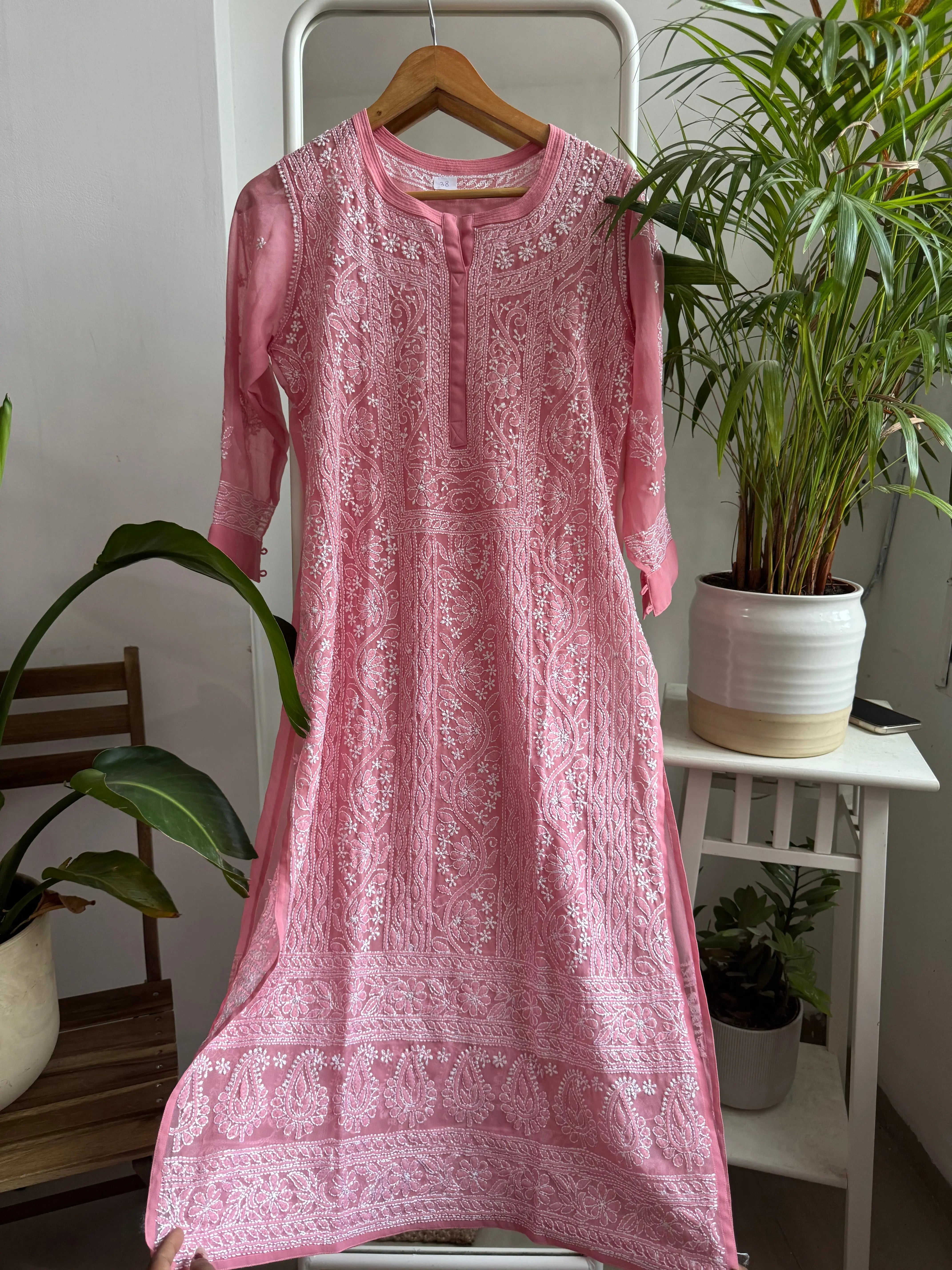 Chikankari Resham Jaal Kurti - Pink ARIAA CHIKANKARI 