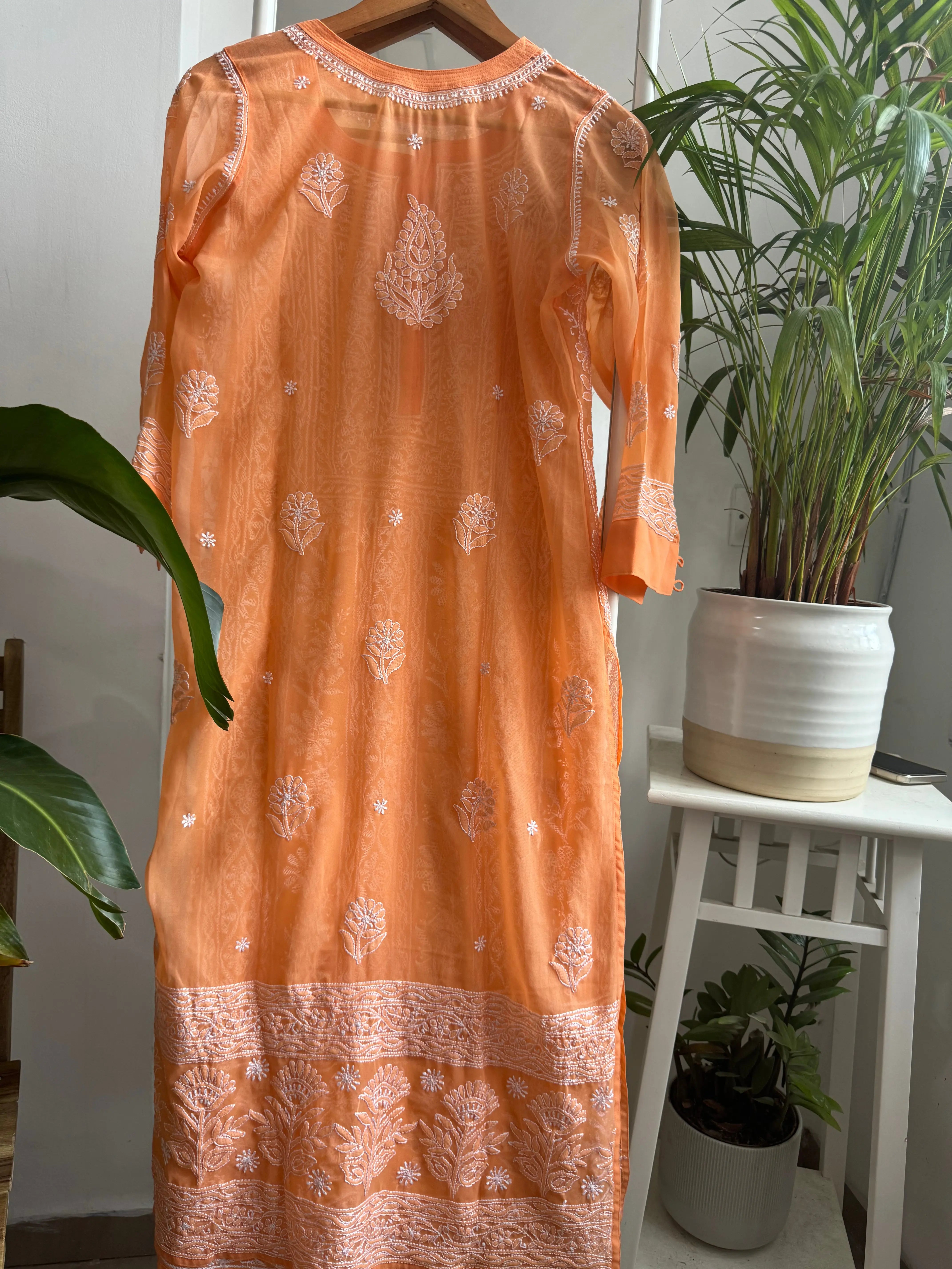 Chikankari Resham Jaal Kurti - Sunset Orange ARIAA CHIKANKARI 