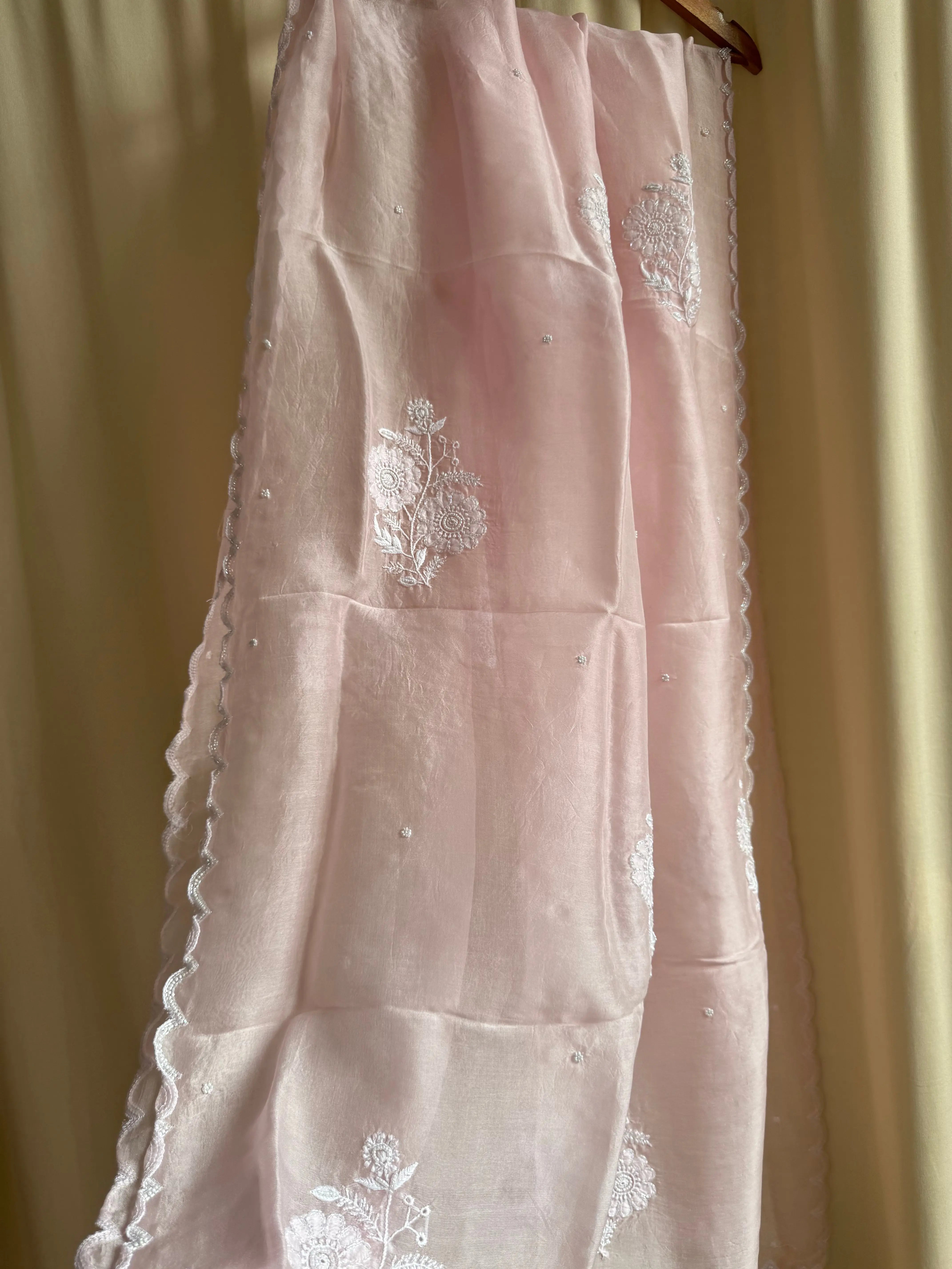 Pure Organza Dupatta with Chikankari and Pearl Work in Champagne Pink ARIAA CHIKANKARI 