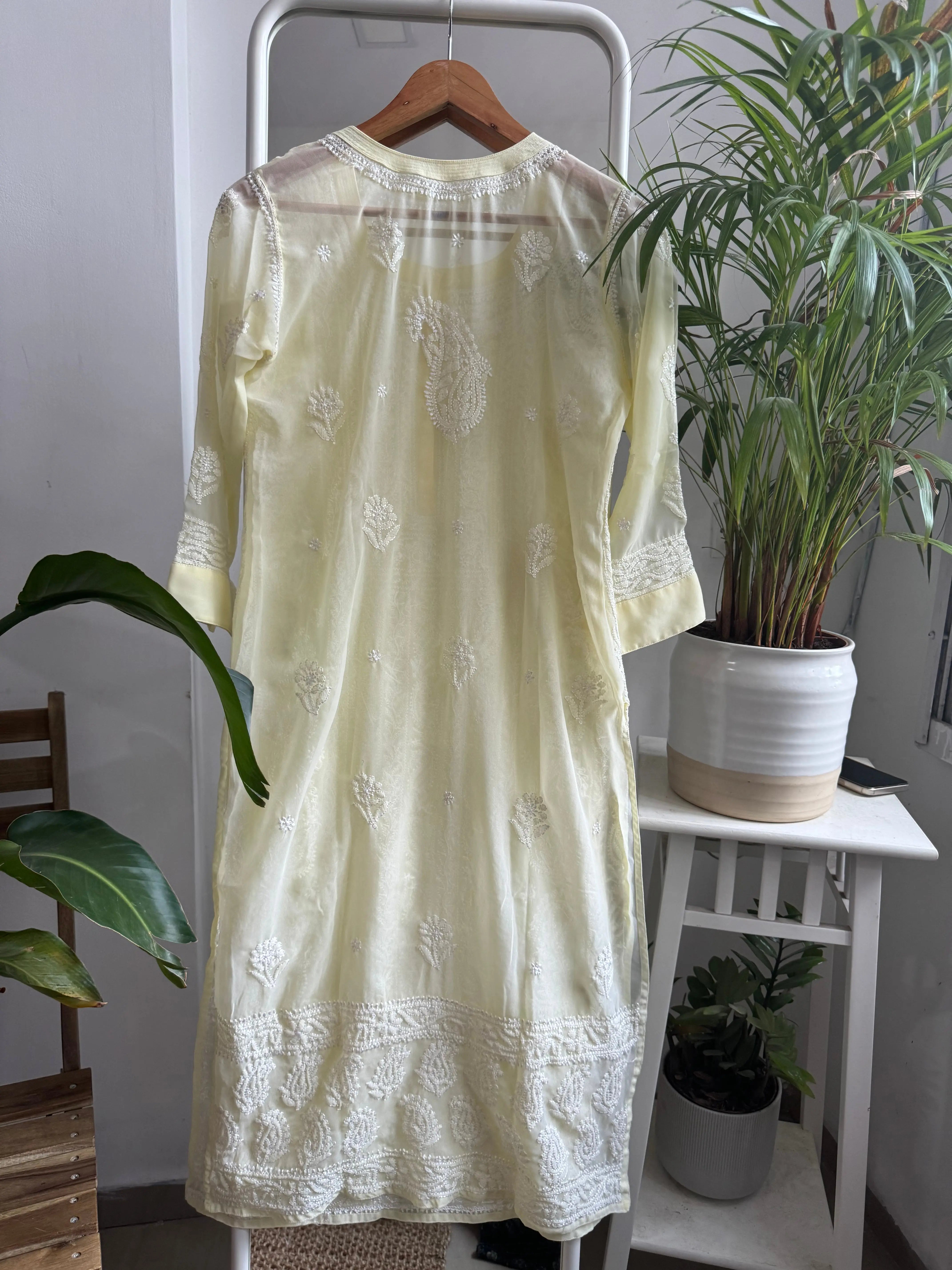 Chikankari Resham Jaal Kurti - Light Yellow ARIAA CHIKANKARI 