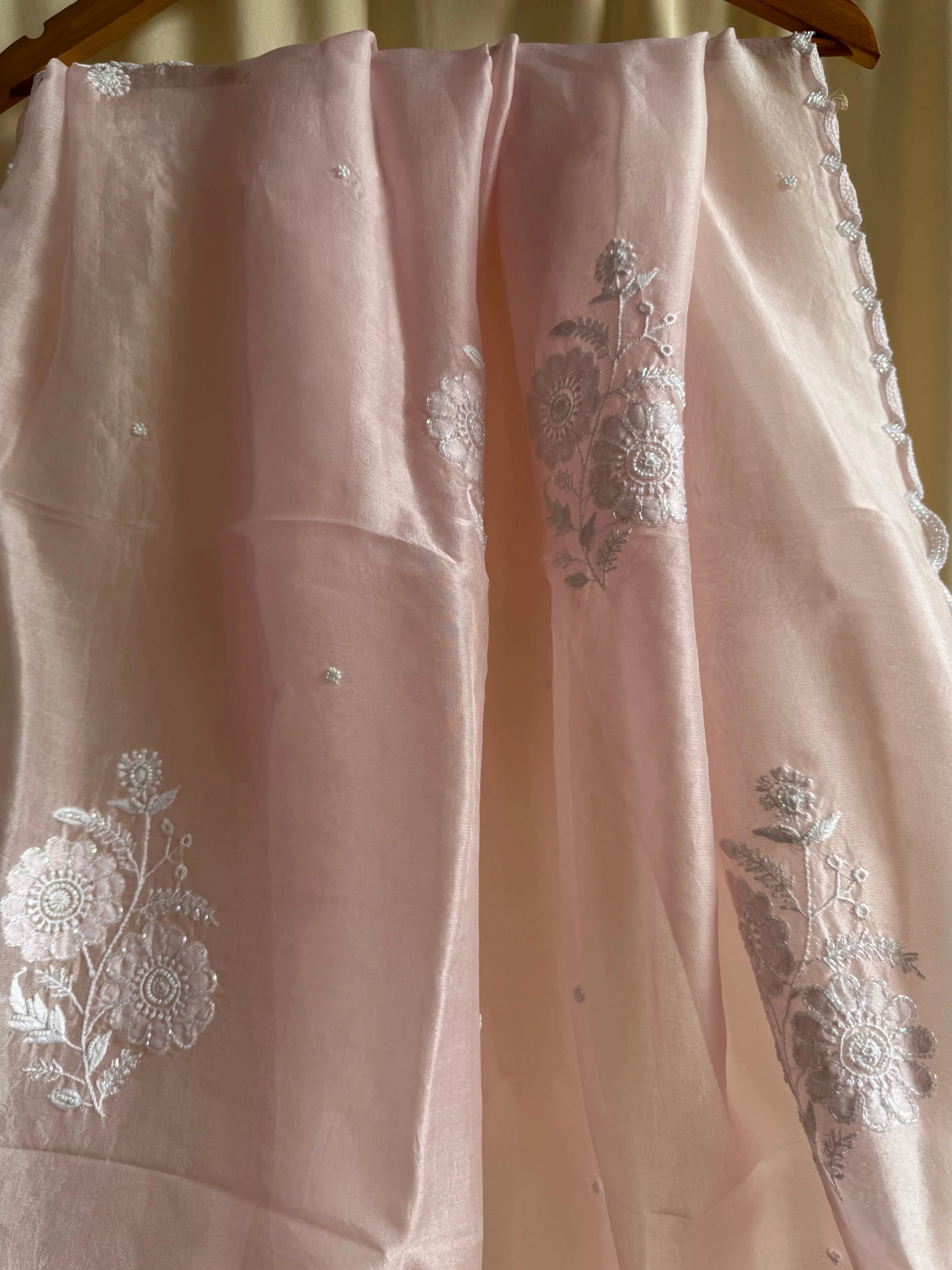 Pure Organza Dupatta with Chikankari and Pearl Work in Champagne Pink ARIAA CHIKANKARI 