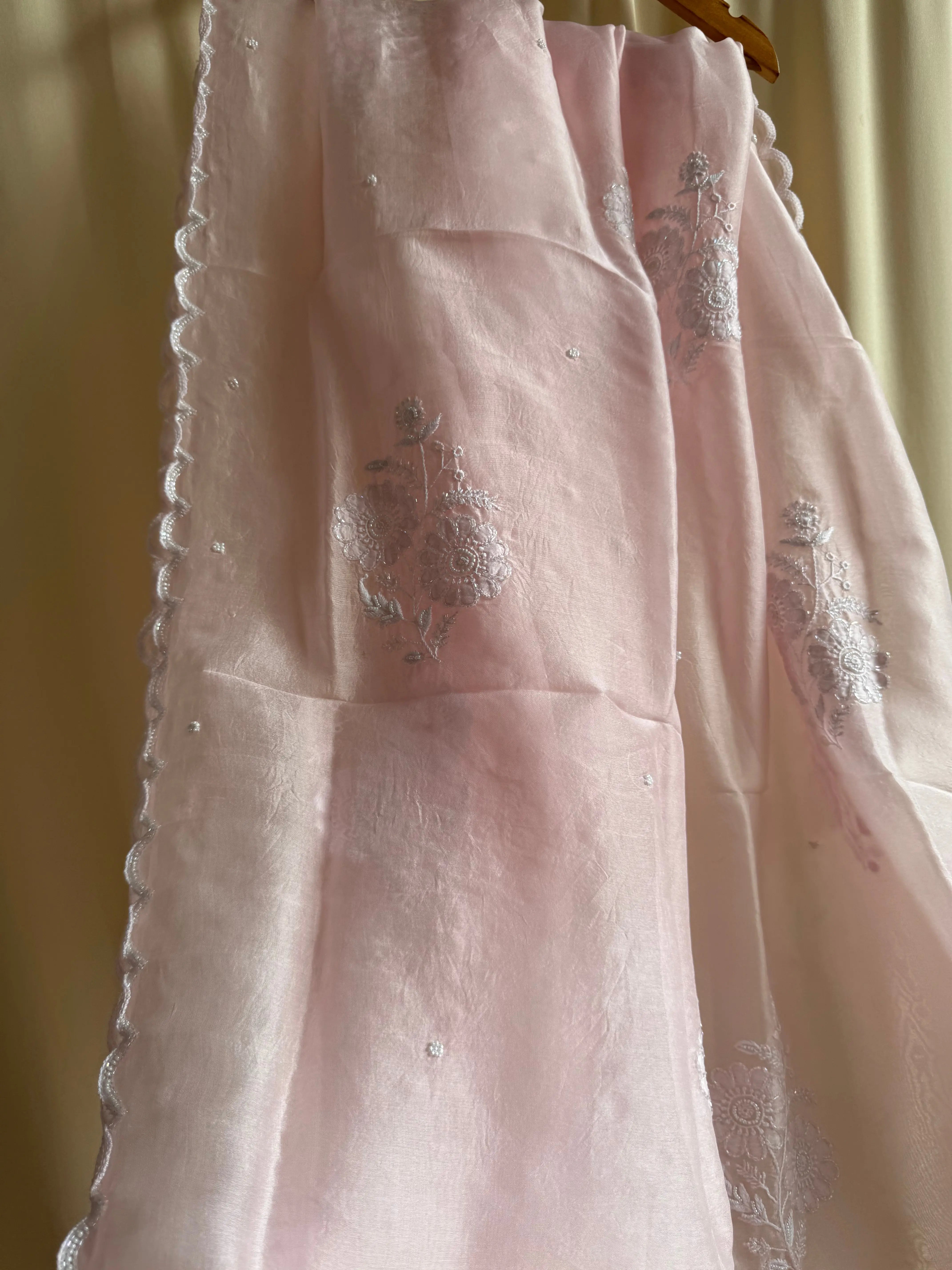Pure Organza Dupatta with Chikankari and Pearl Work in Champagne Pink ARIAA CHIKANKARI 
