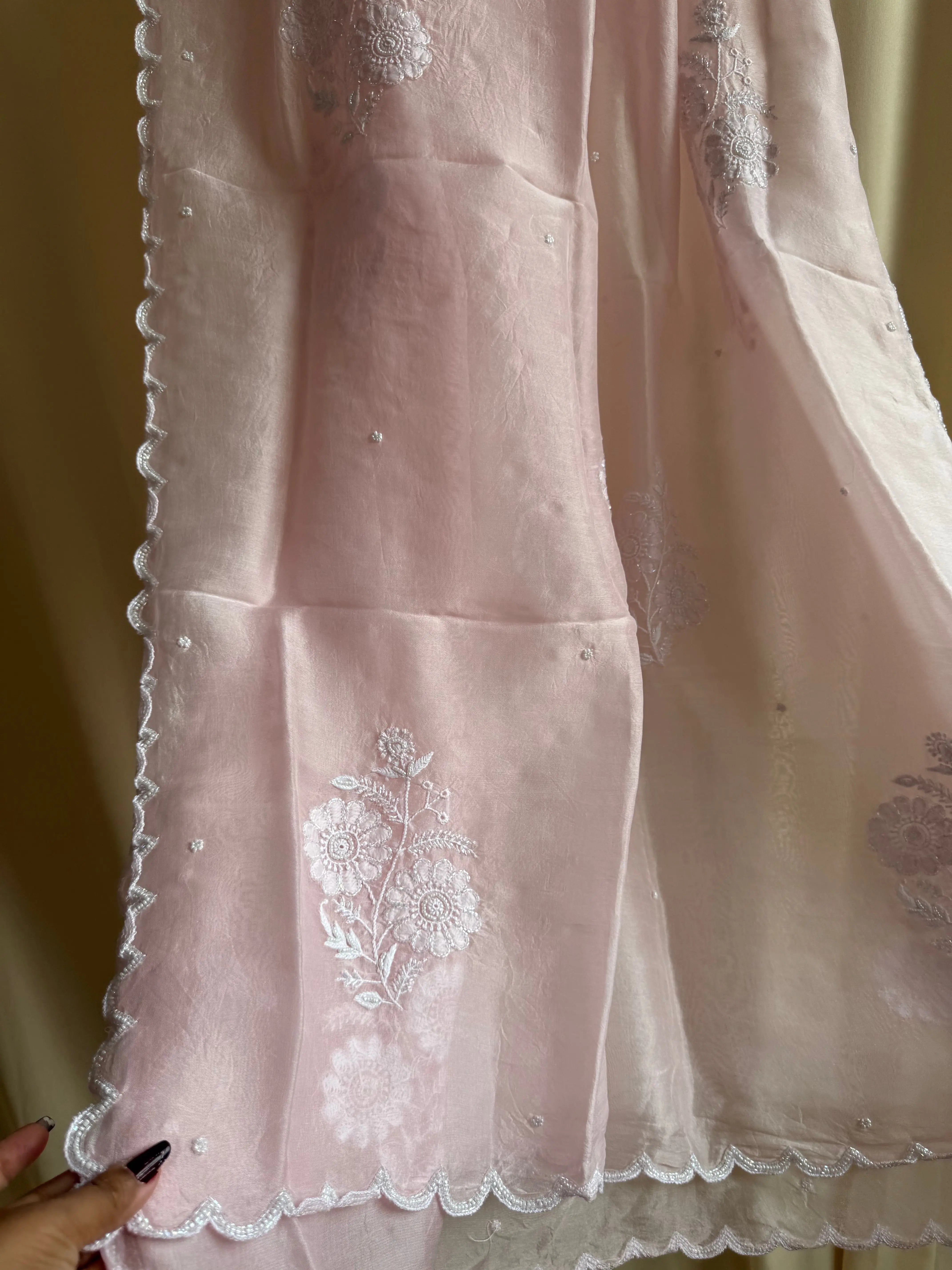 Pure Organza Dupatta with Chikankari and Pearl Work in Champagne Pink ARIAA CHIKANKARI 