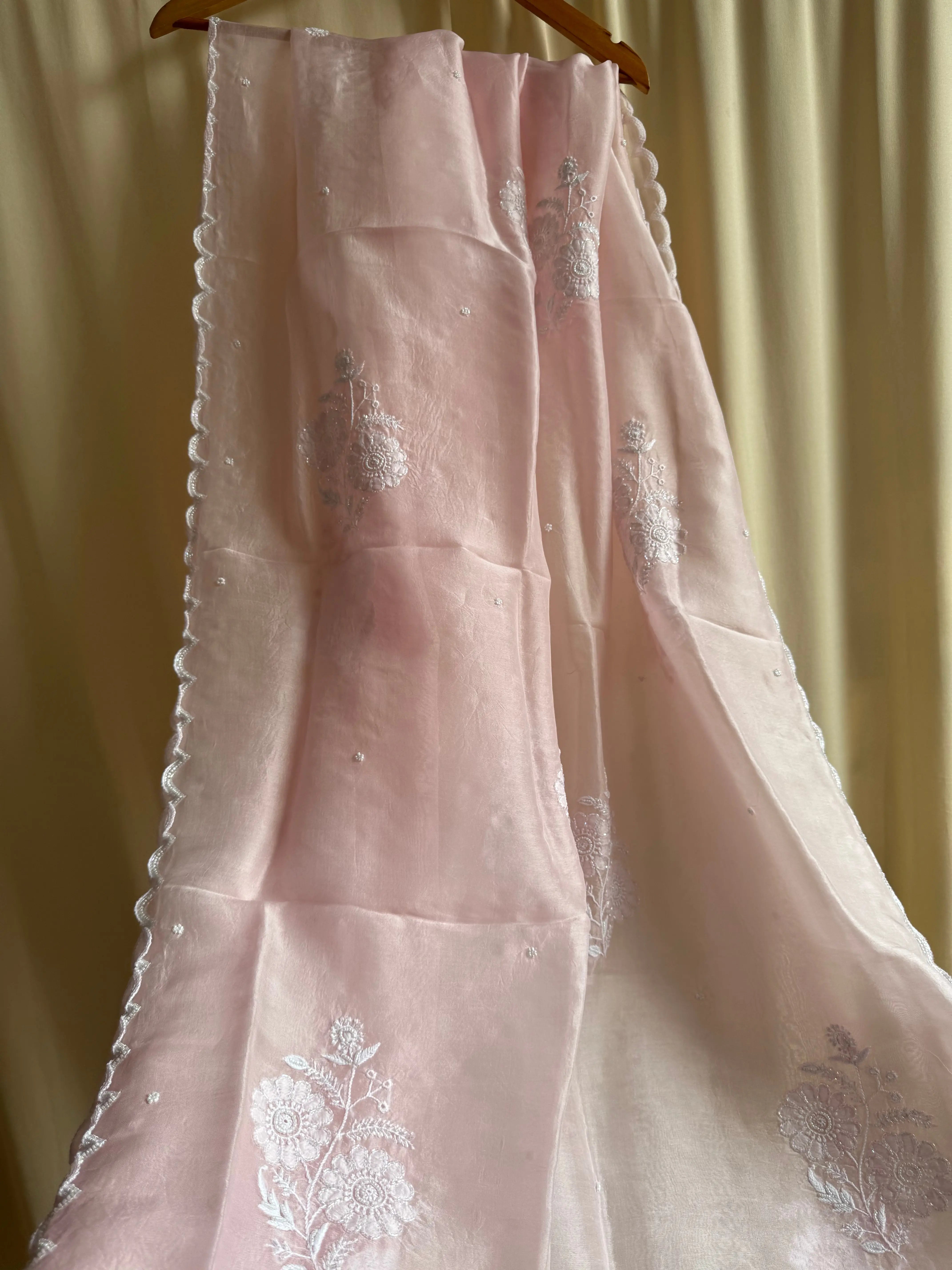 Pure Organza Dupatta with Chikankari and Pearl Work in Champagne Pink ARIAA CHIKANKARI 