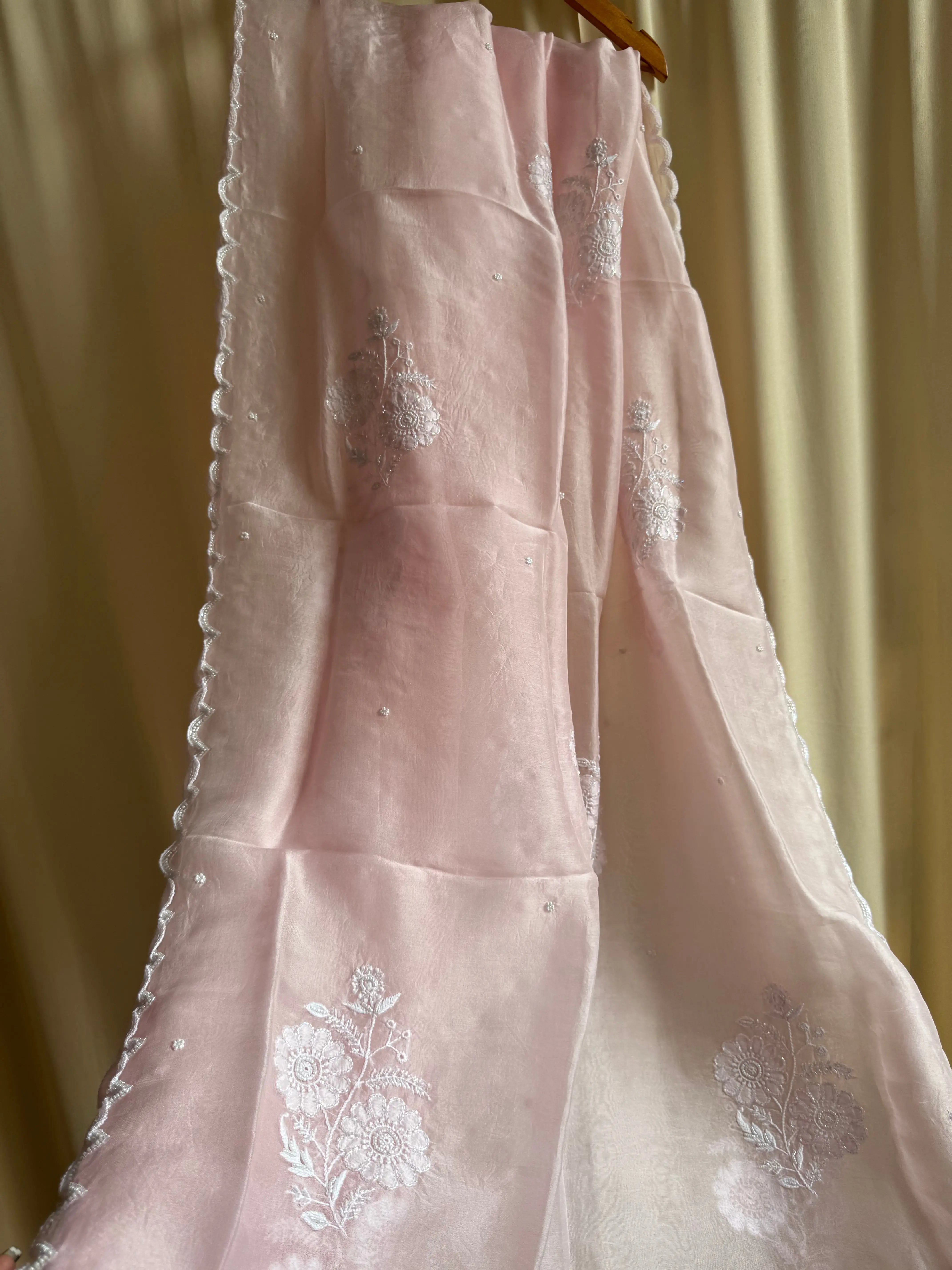 Pure Organza Dupatta with Chikankari and Pearl Work in Champagne Pink ARIAA CHIKANKARI 