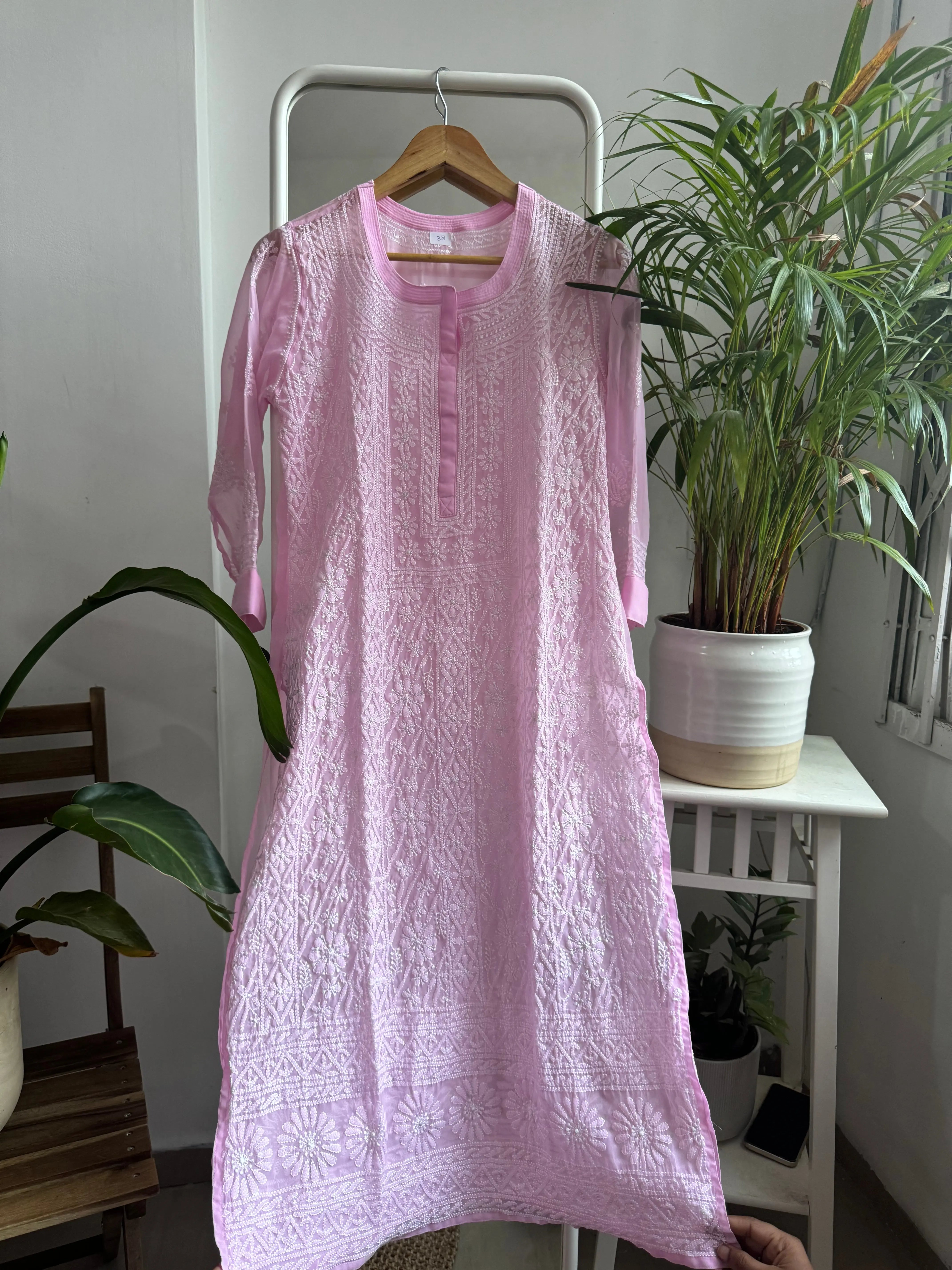 Chikankari Resham Jaal Kurti - Pink ARIAA CHIKANKARI 