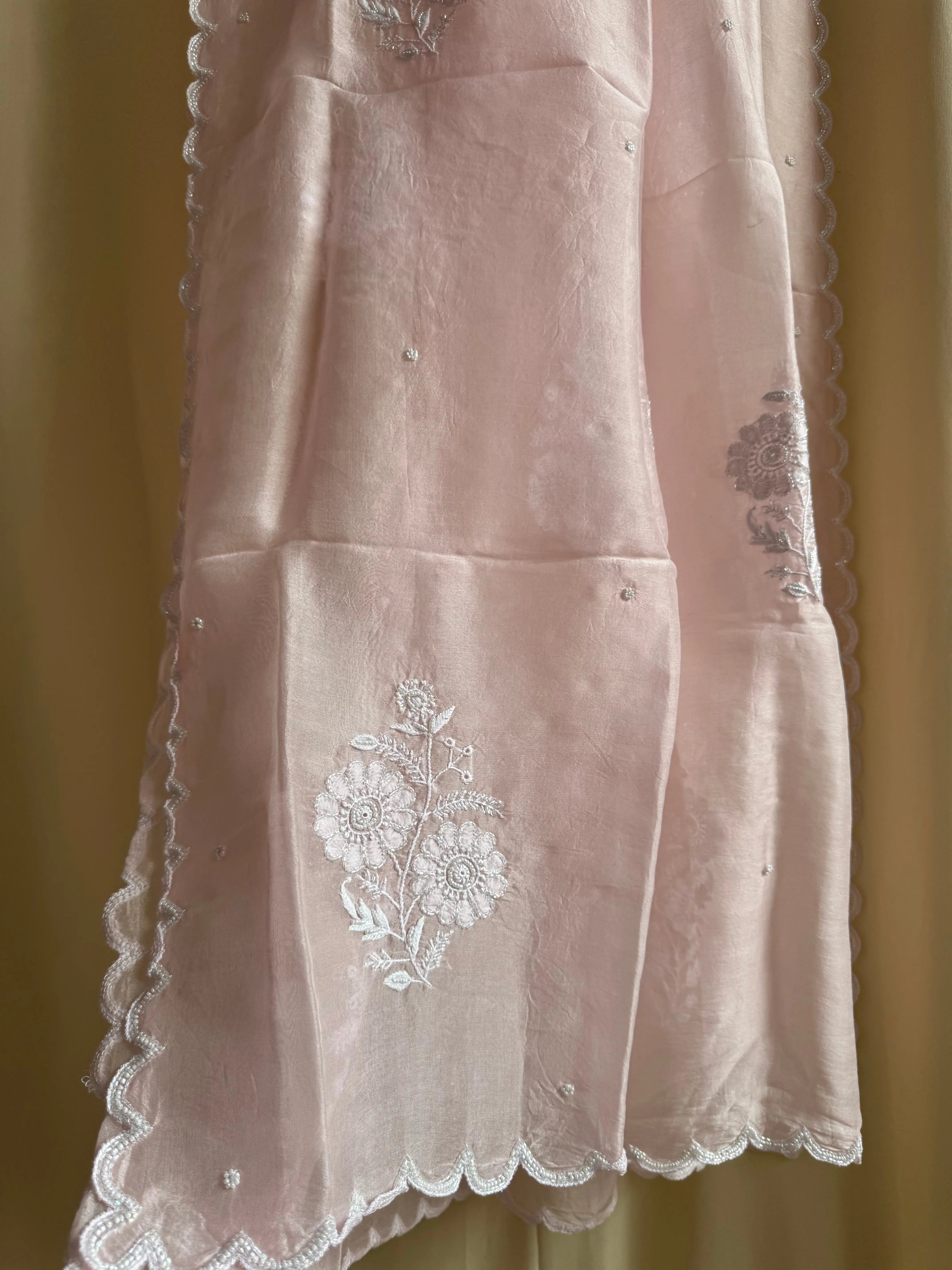 Pure Organza Dupatta with Chikankari and Pearl Work in Champagne Pink ARIAA CHIKANKARI 