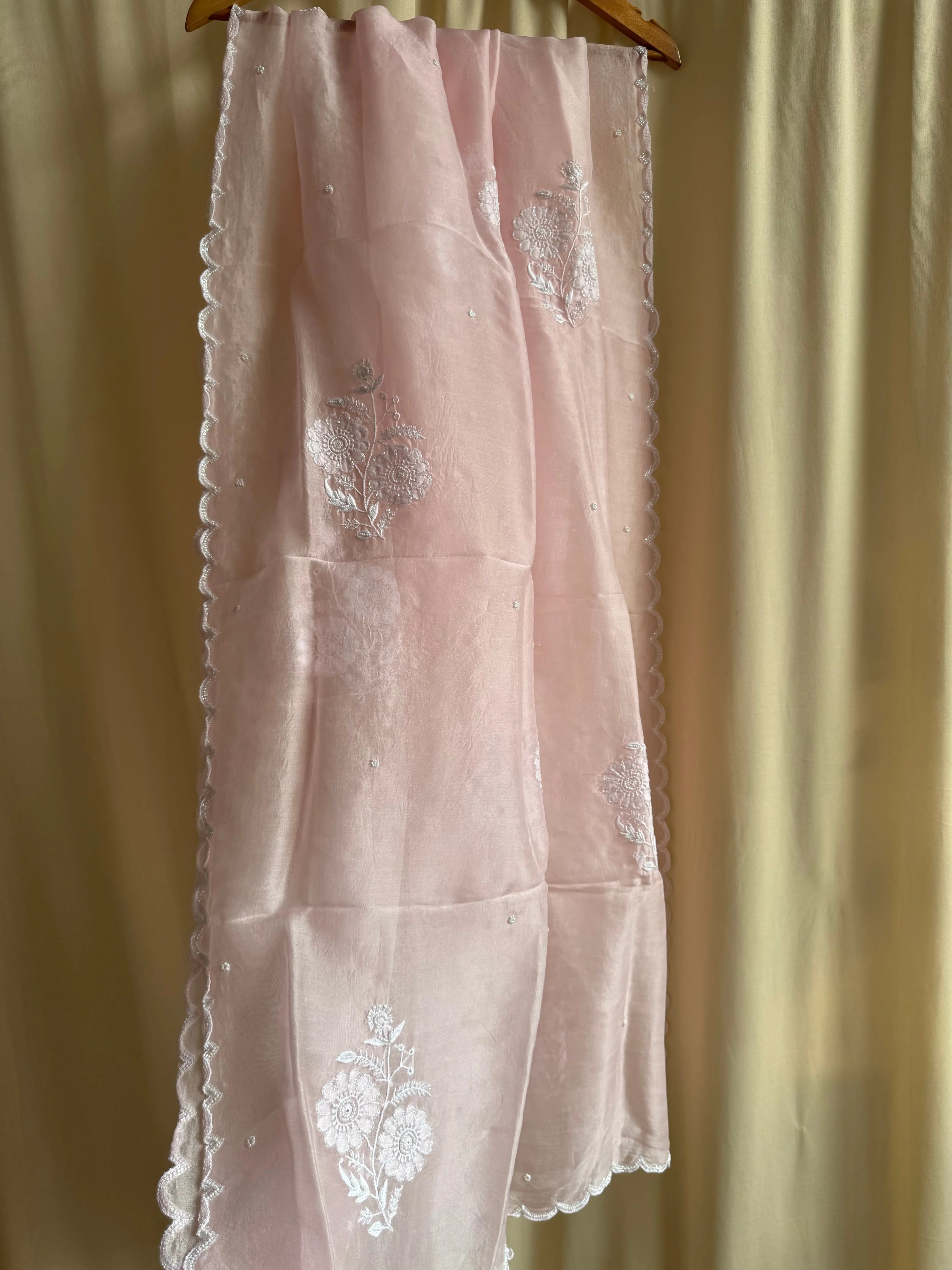 Pure Organza Dupatta with Chikankari and Pearl Work in Champagne Pink ARIAA CHIKANKARI 