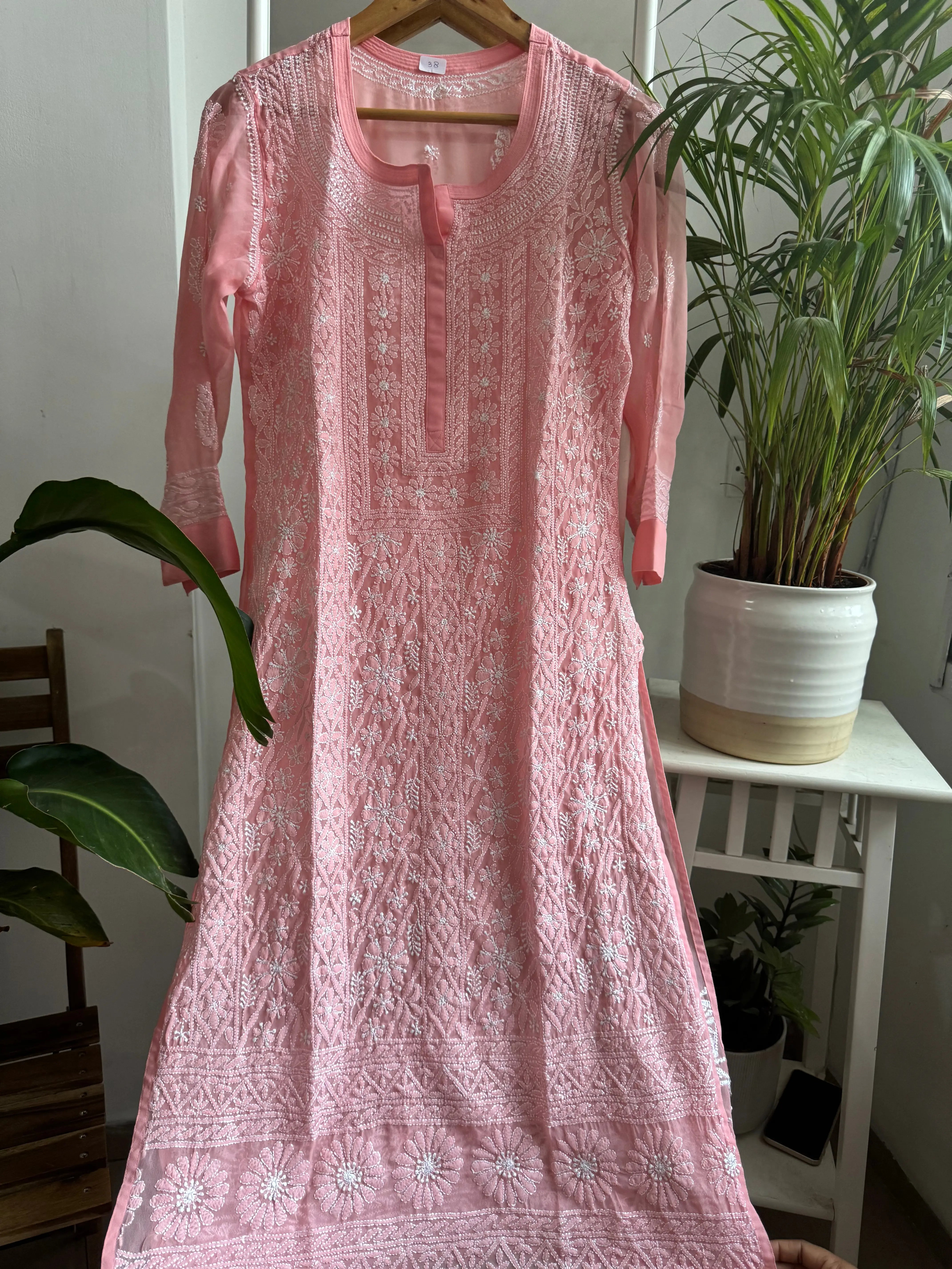 Chikankari Resham Jaal Kurti - Peach ARIAA CHIKANKARI 