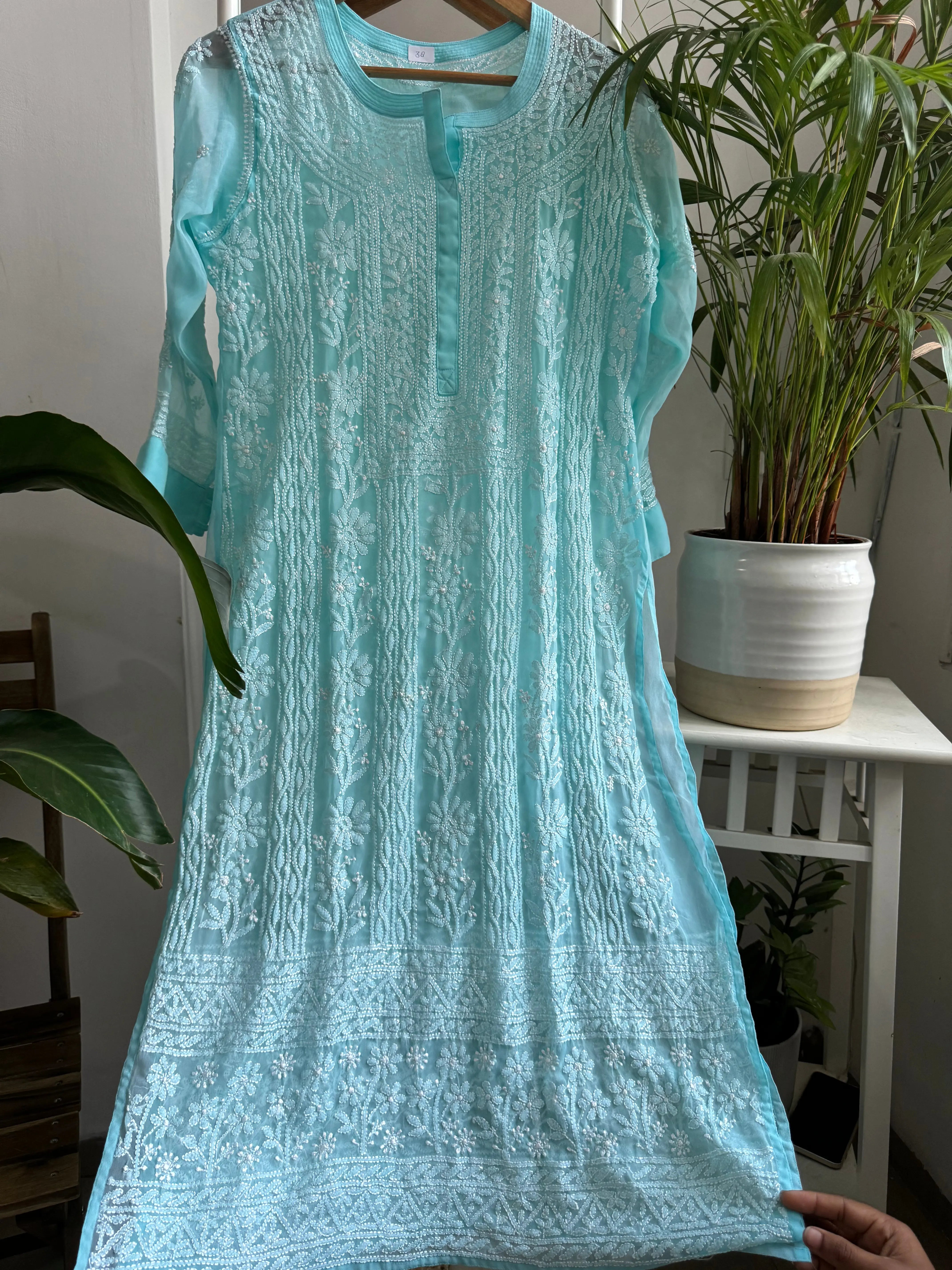 Chikankari Resham Jaal Kurti - Blue ARIAA CHIKANKARI 