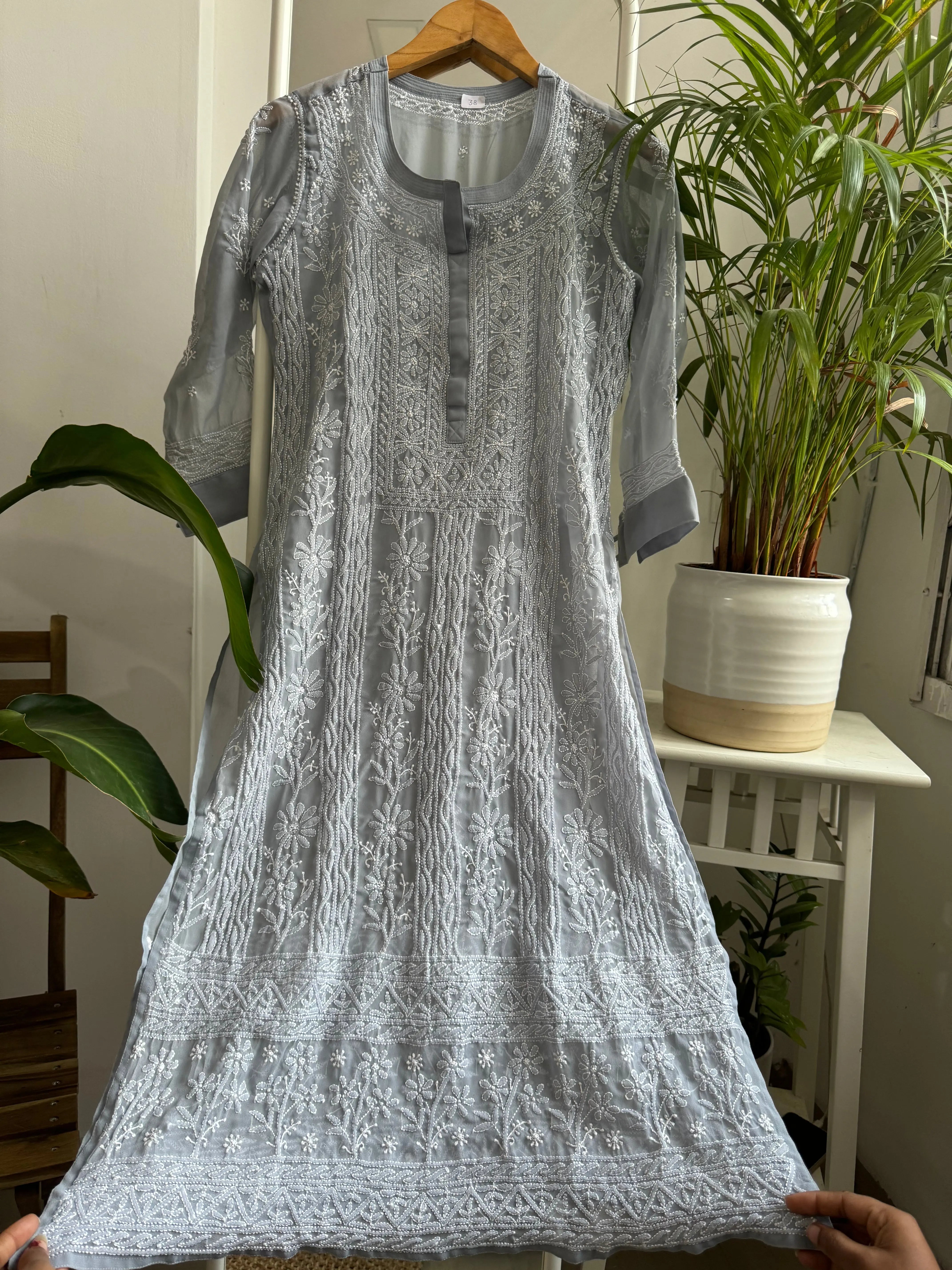 Chikankari Resham Jaal Kurti - Grey ARIAA CHIKANKARI 