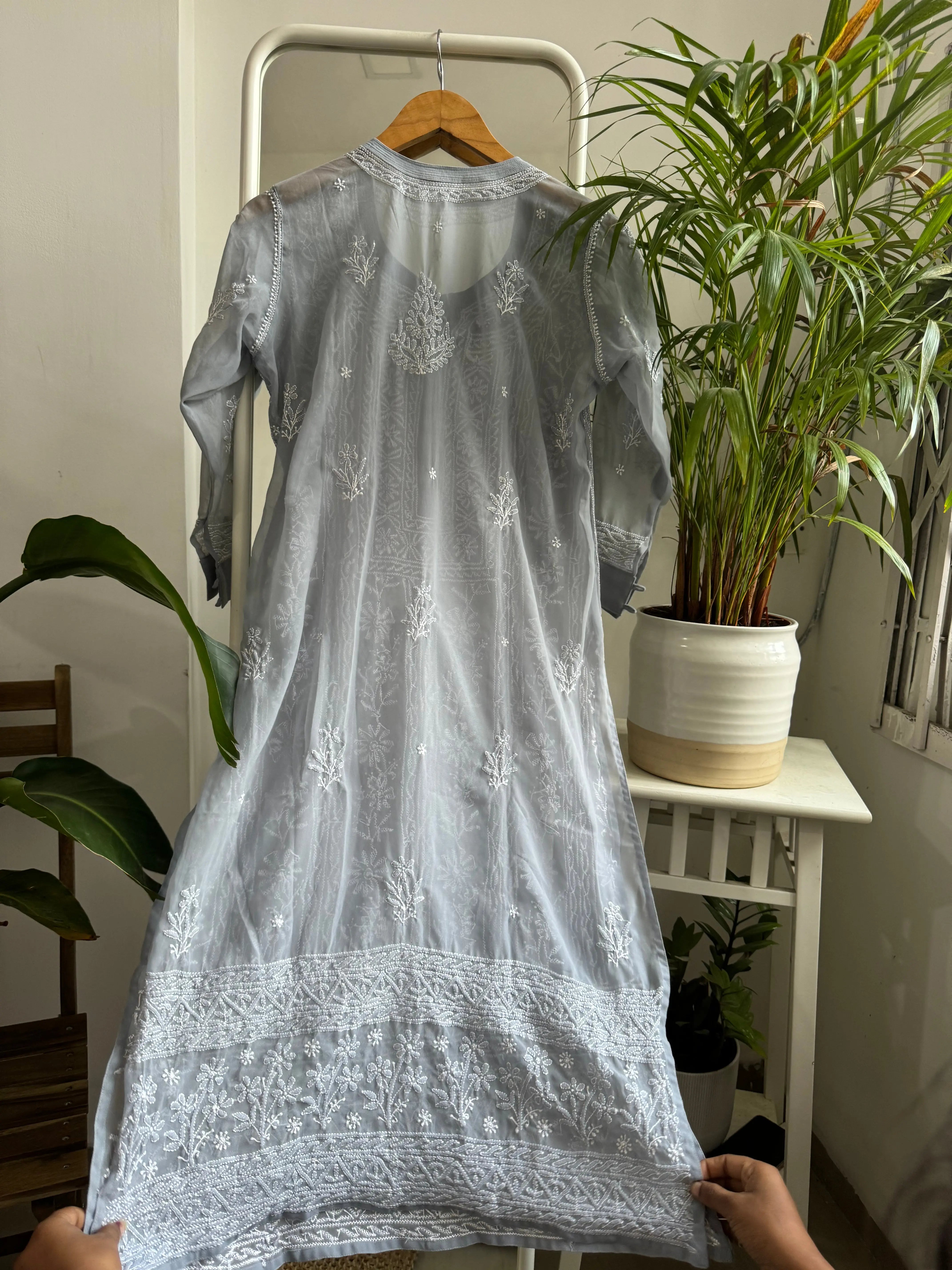 Chikankari Resham Jaal Kurti - Grey ARIAA CHIKANKARI 