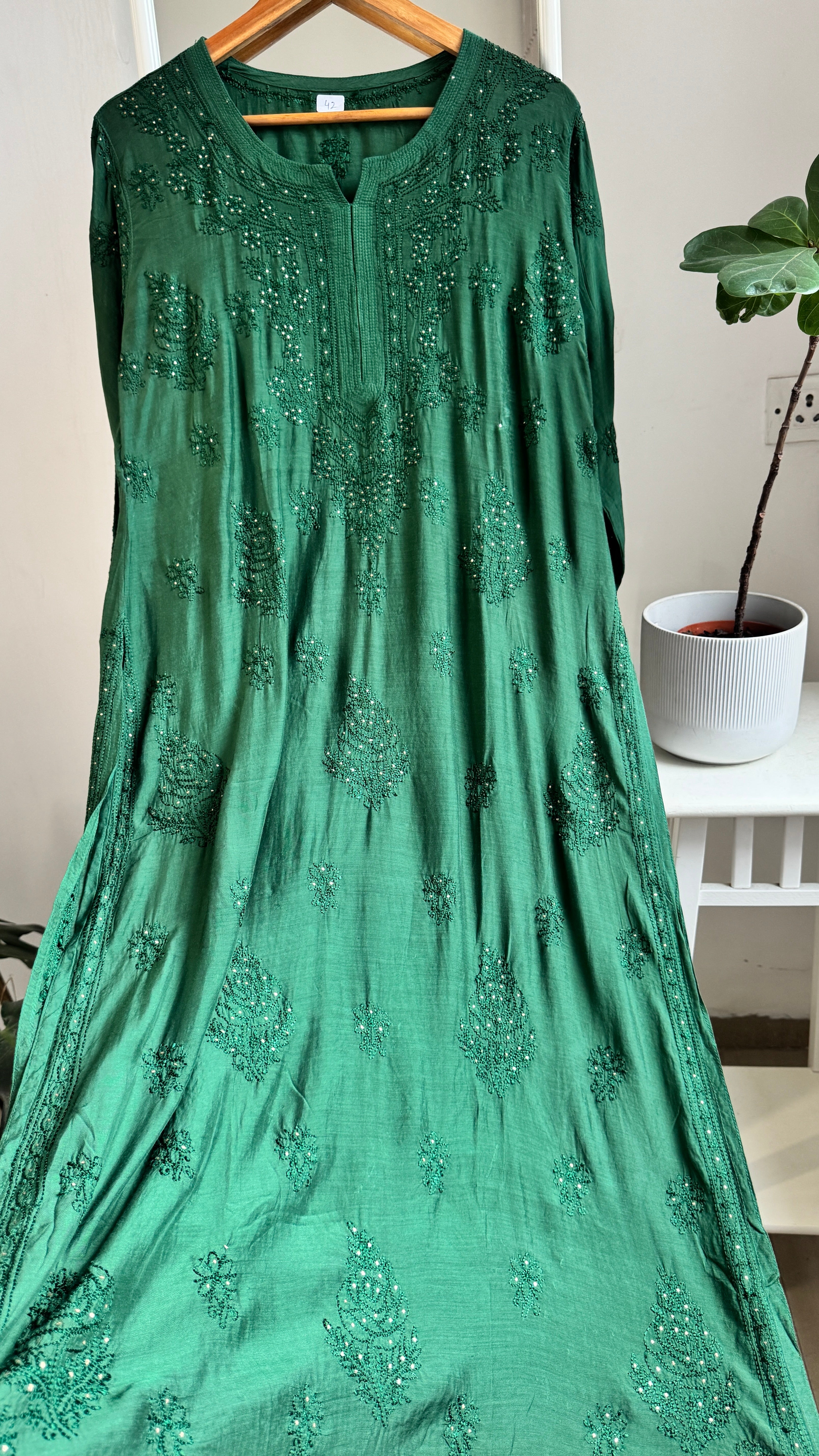 Muslin Chikankari Kurti with Mukaish work - Pine Green