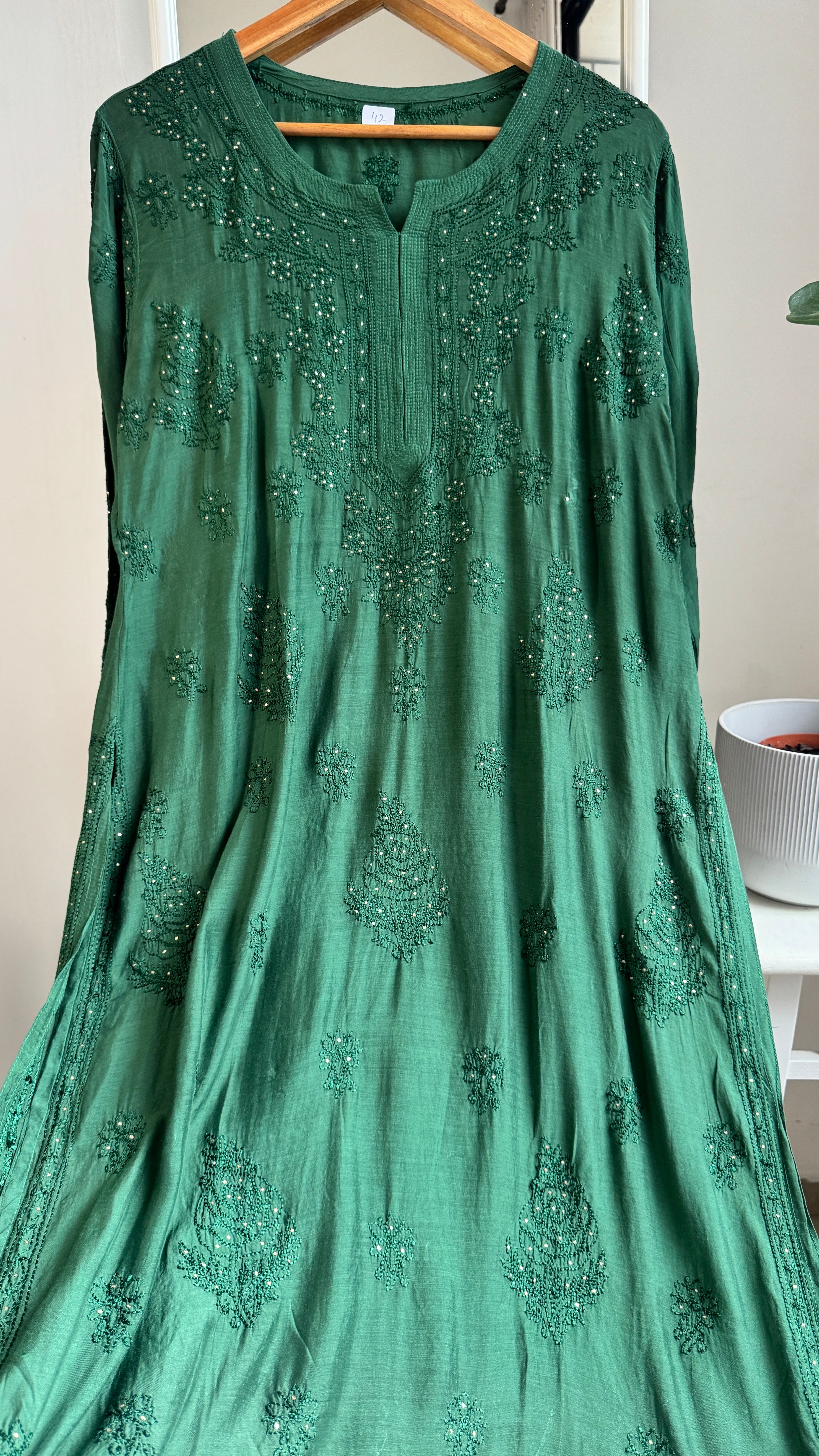 Muslin Chikankari Kurti with Mukaish work - Pine Green