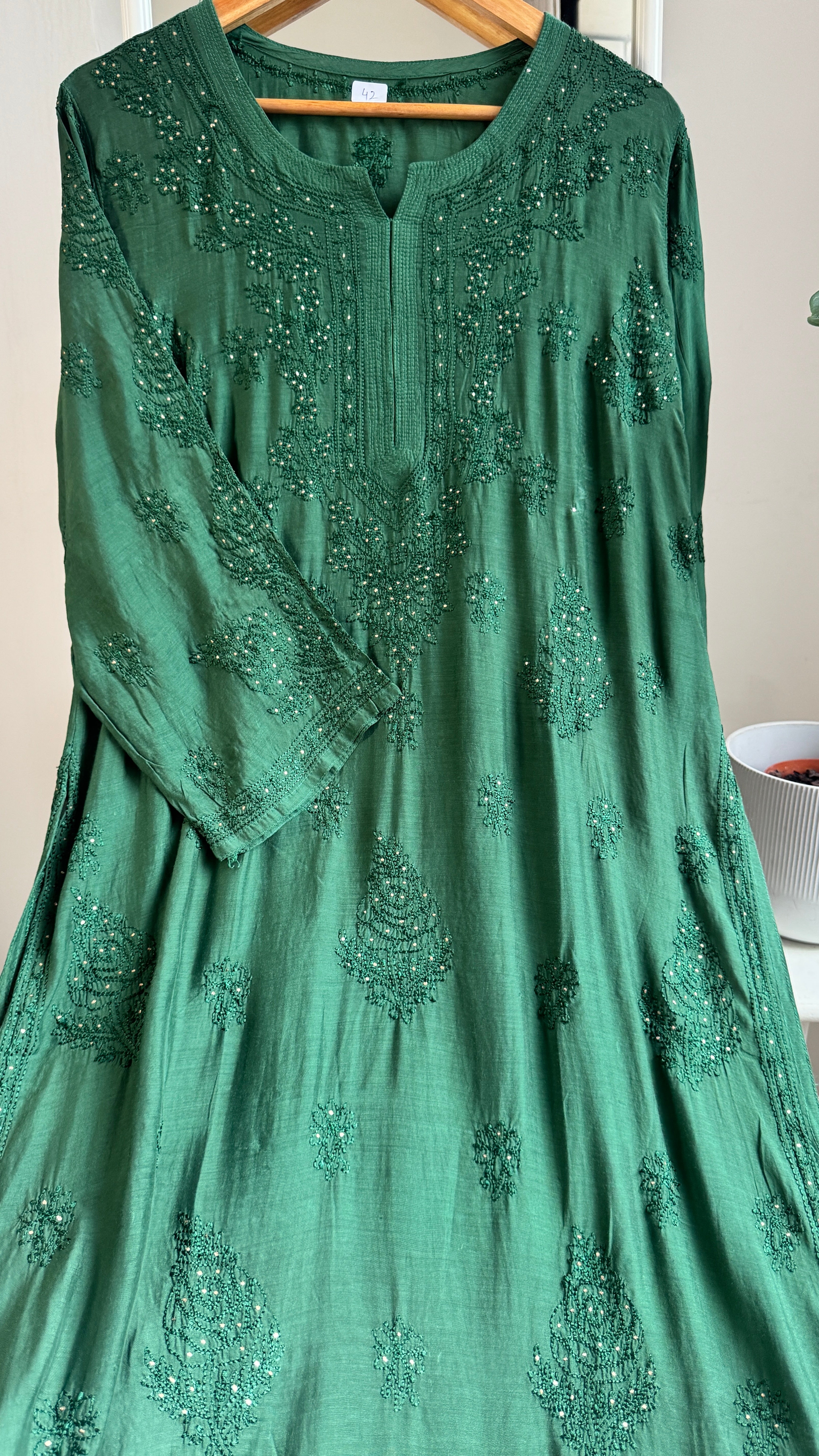 Muslin Chikankari Kurti with Mukaish work - Pine Green