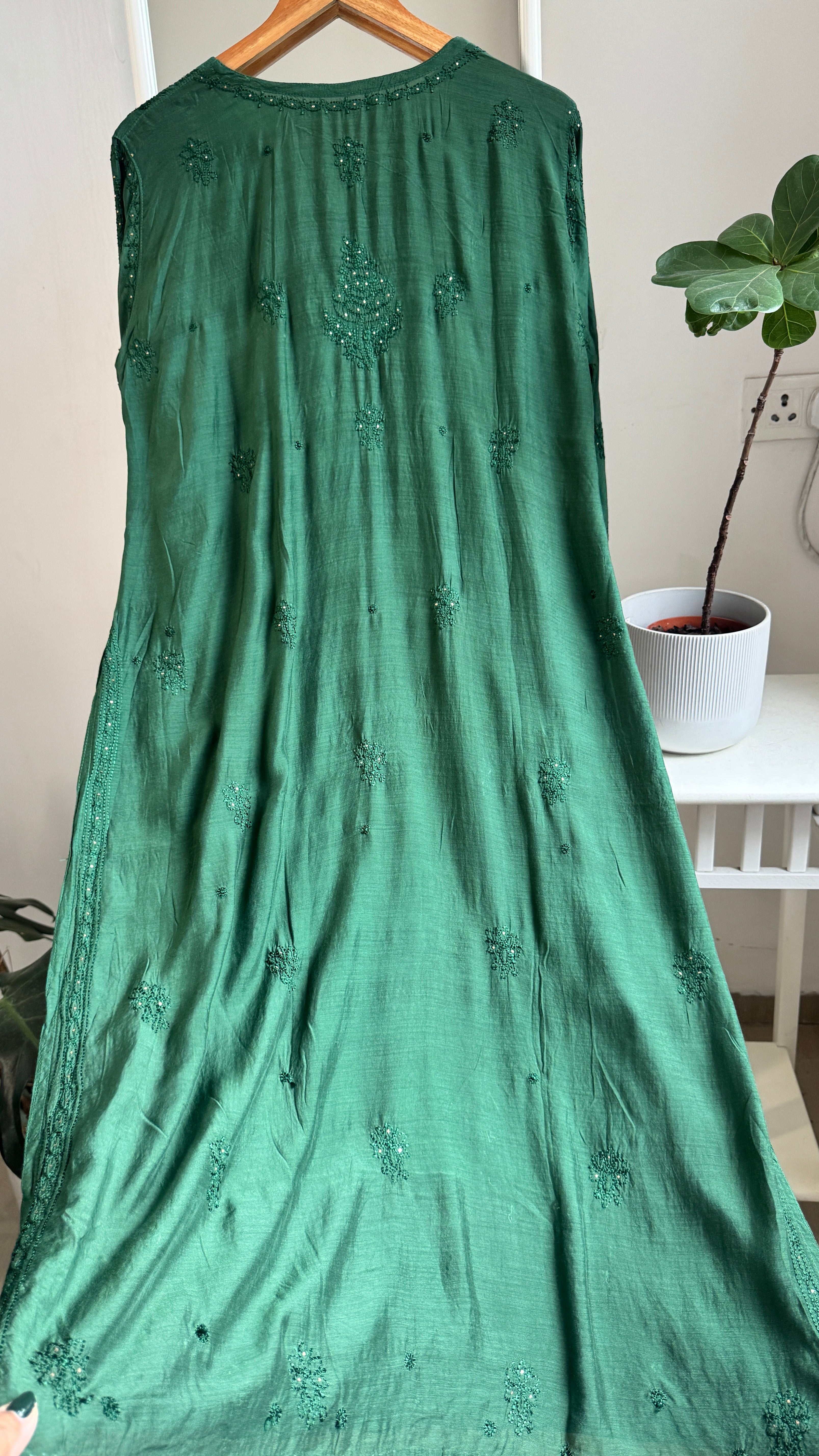 Muslin Chikankari Kurti with Mukaish work - Pine Green