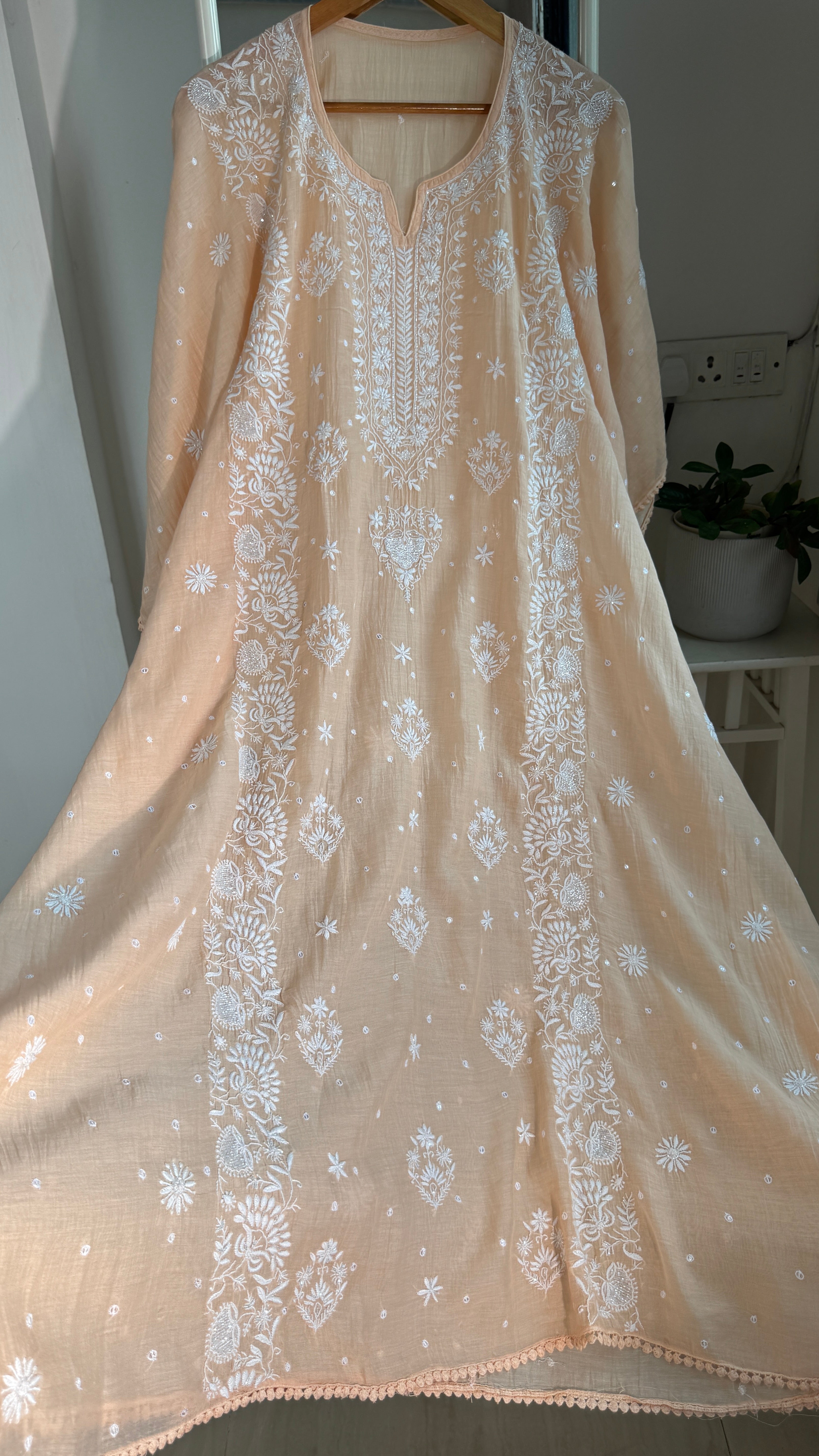 Mul Chanderi Chikankari Kaftan - Peach