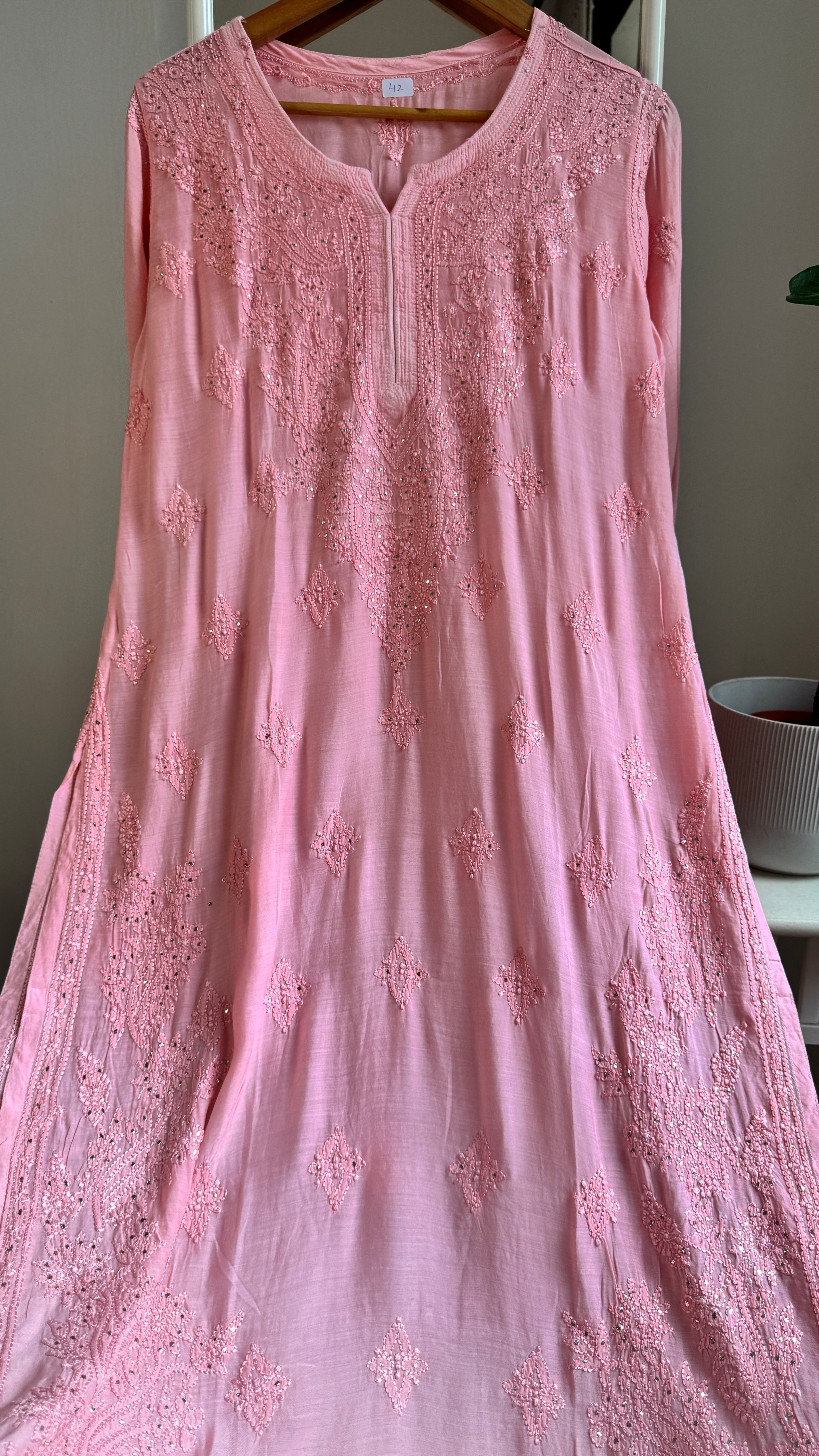 Muslin Chikankari Kurti with Mukaish work - Peach Pink