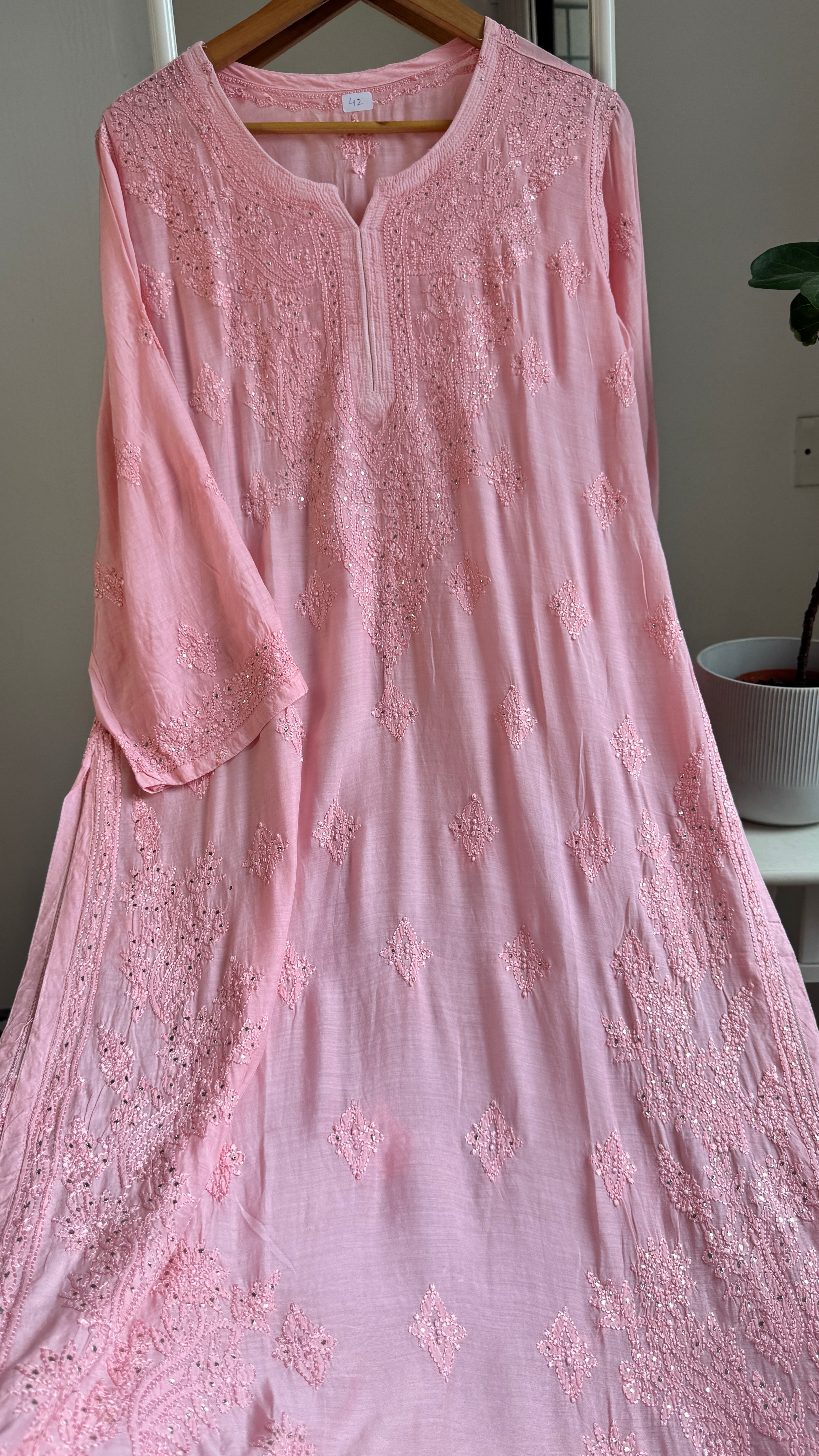 Muslin Chikankari Kurti with Mukaish work - Peach Pink