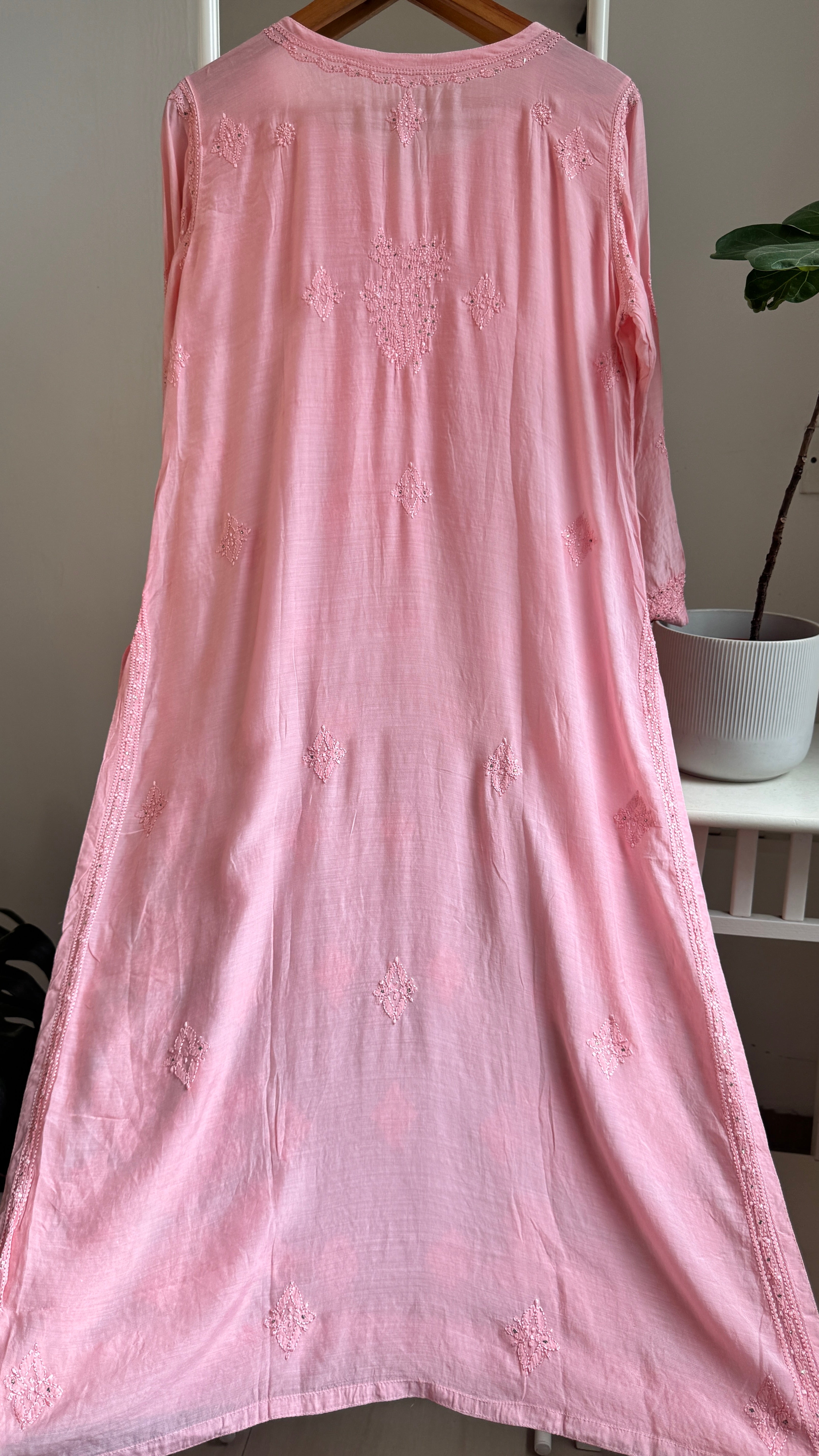 Muslin Chikankari Kurti with Mukaish work - Peach Pink
