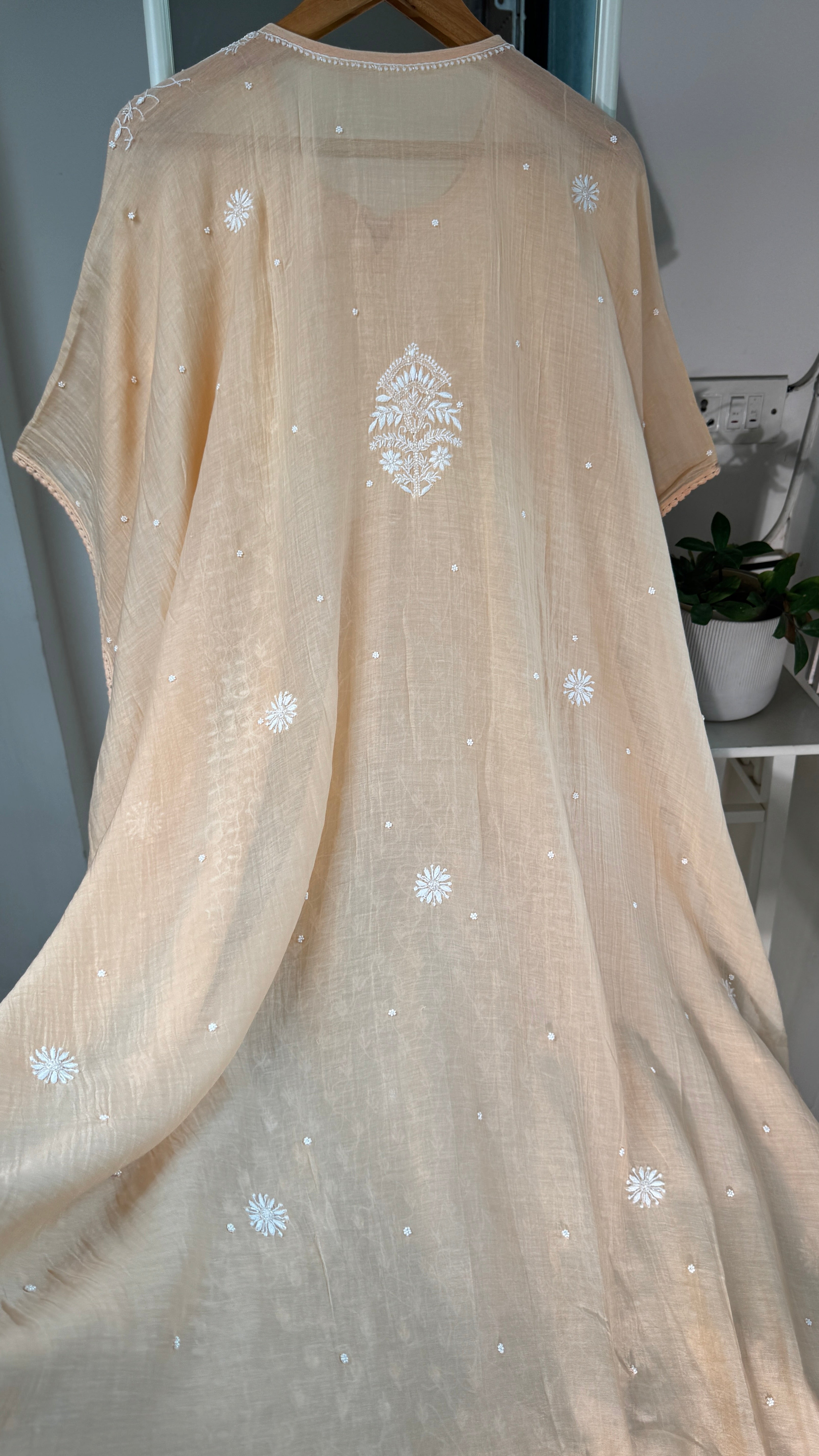 Mul Chanderi Chikankari Kaftan - Peach
