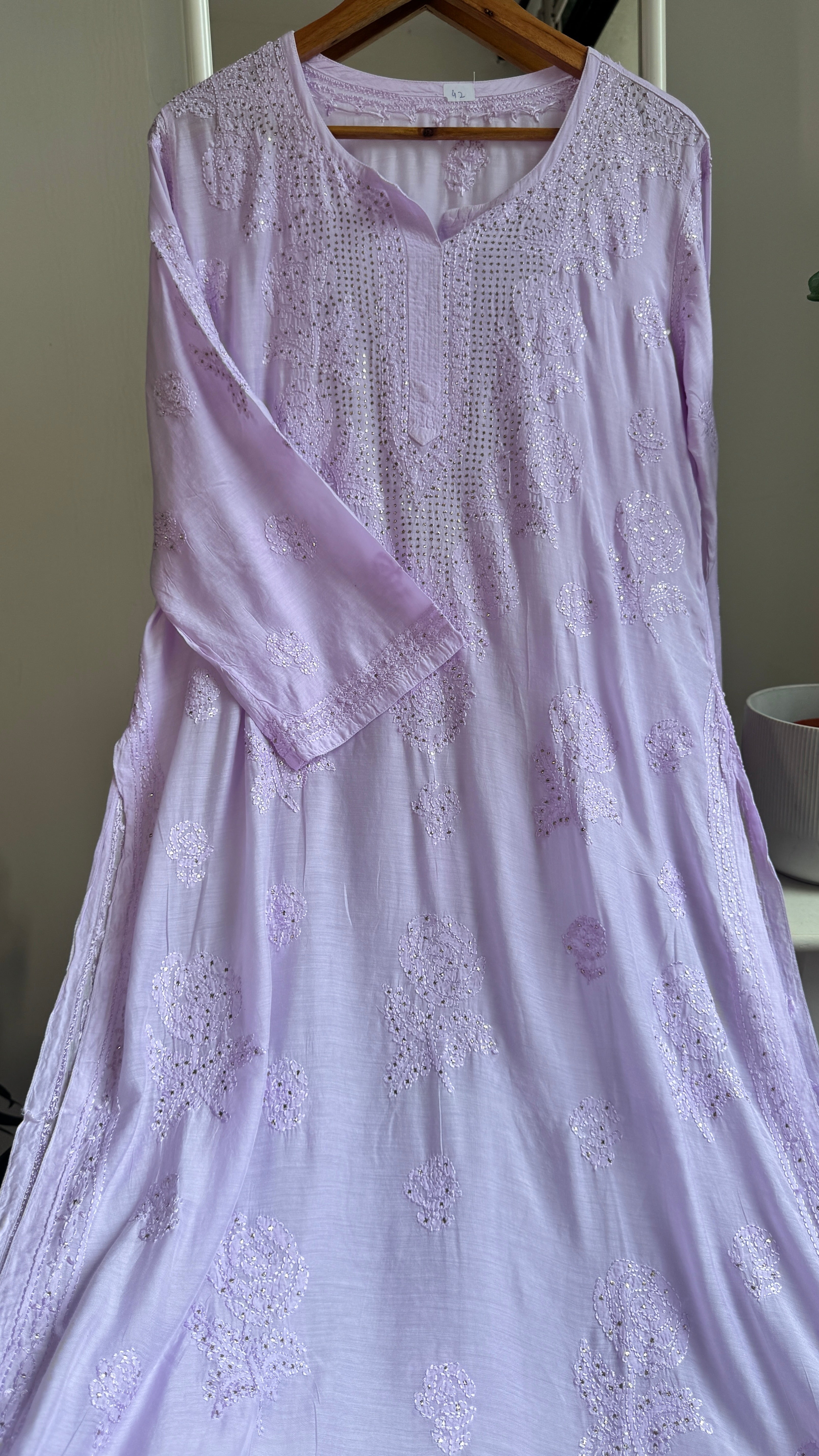 Muslin Chikankari Kurti with Mukaish work - Lilac