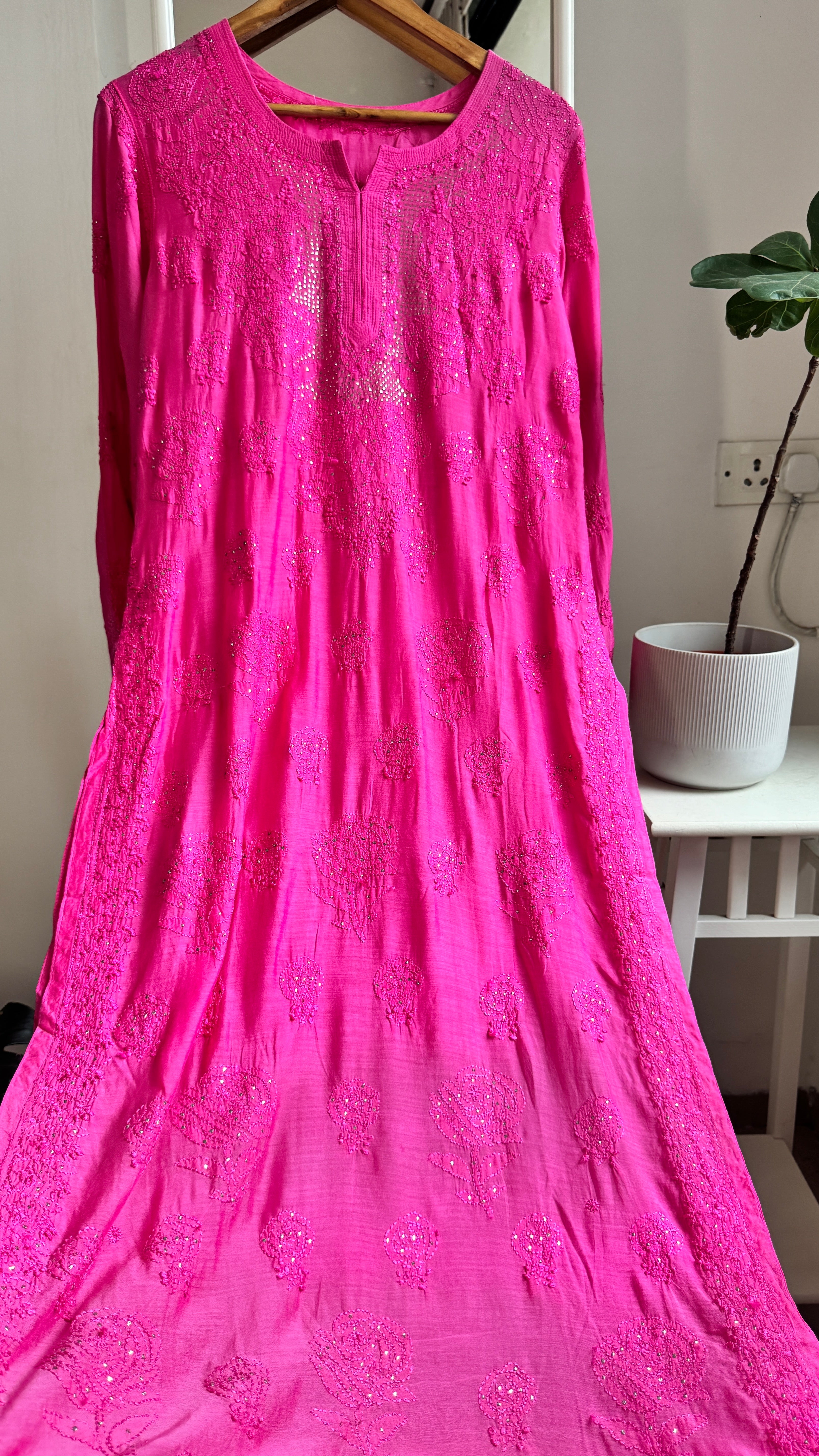 Muslin Chikankari Kurti with Mukaish work - Hot Pink