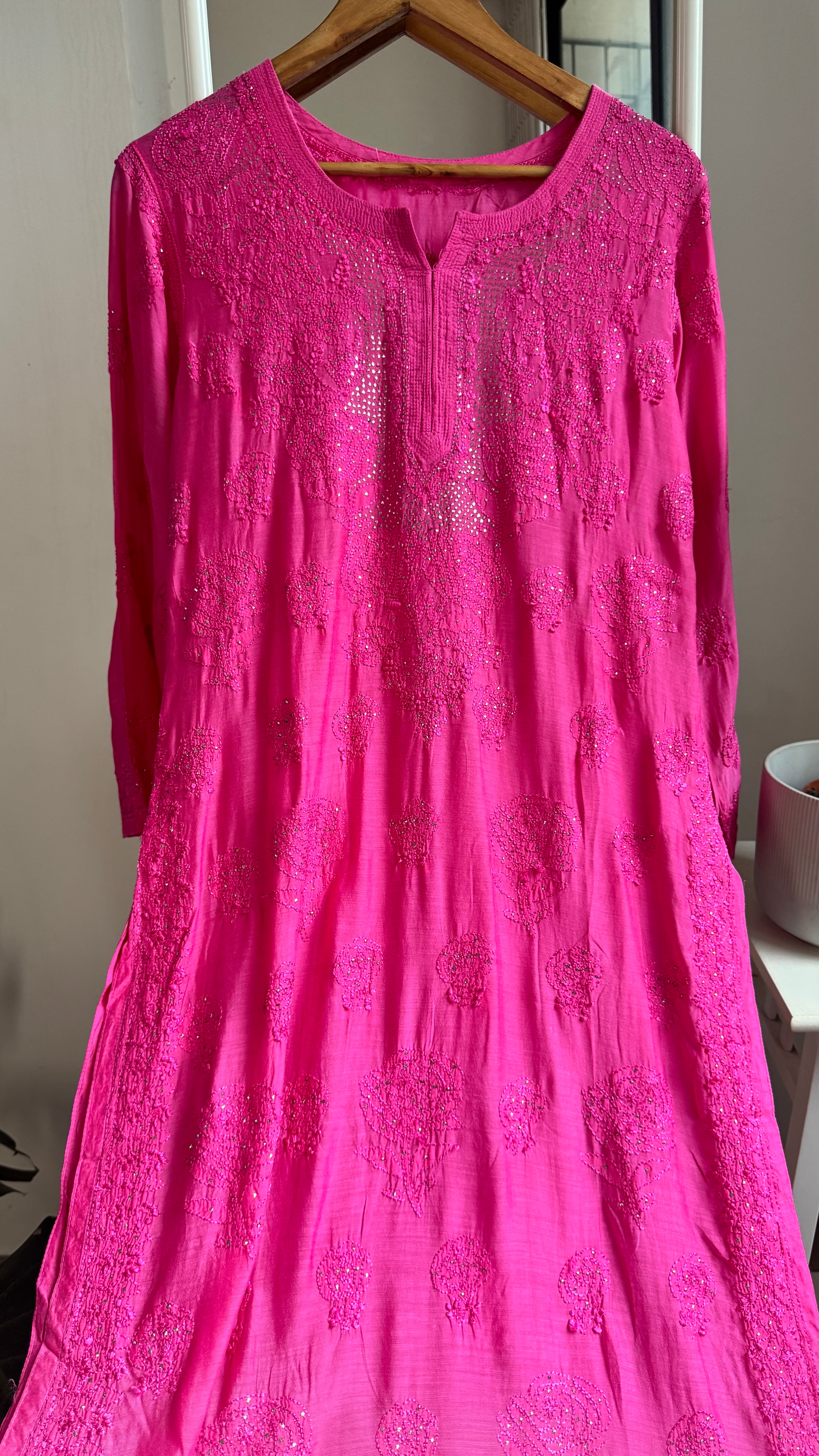 Muslin Chikankari Kurti with Mukaish work - Hot Pink