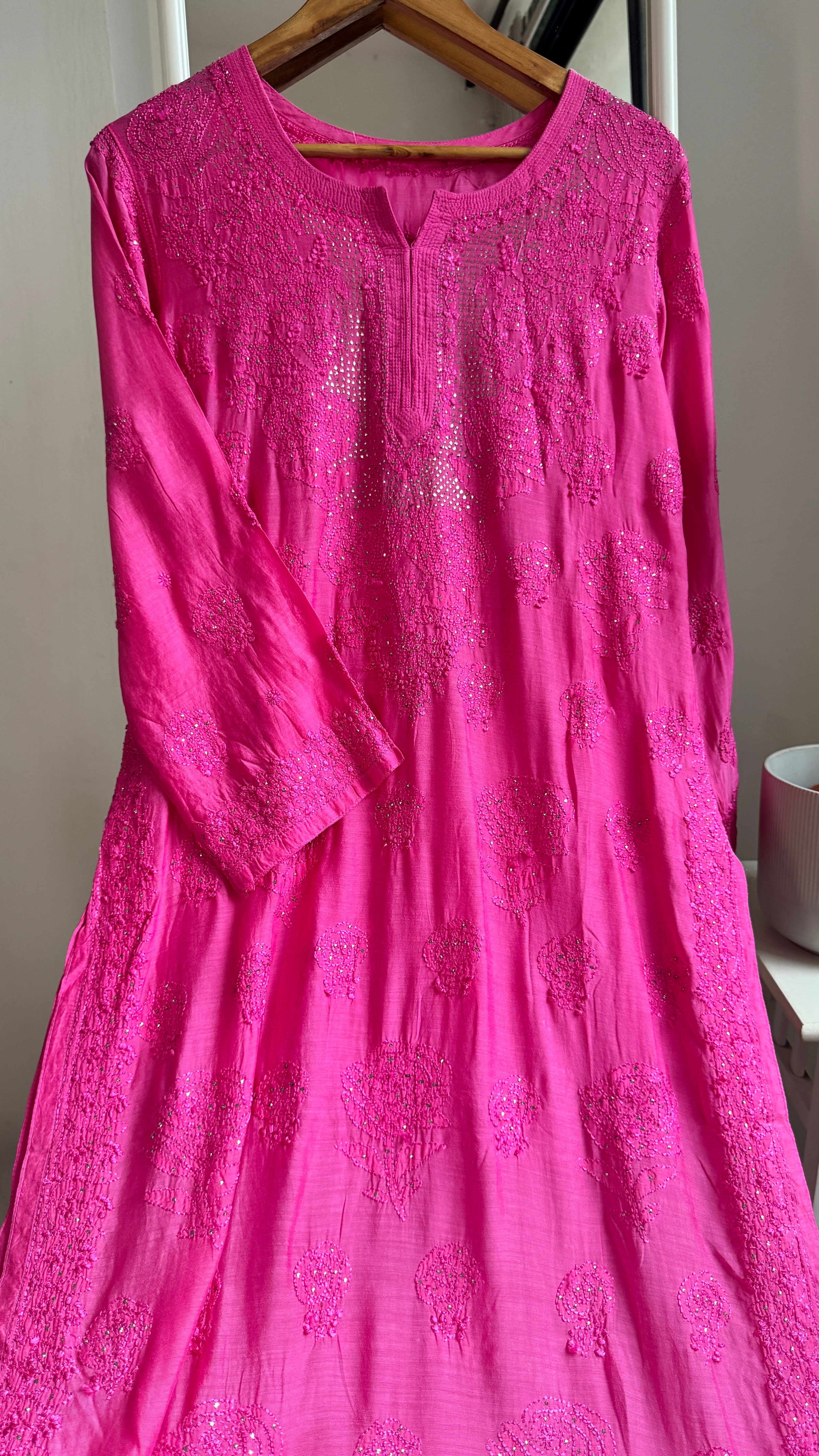 Muslin Chikankari Kurti with Mukaish work - Hot Pink
