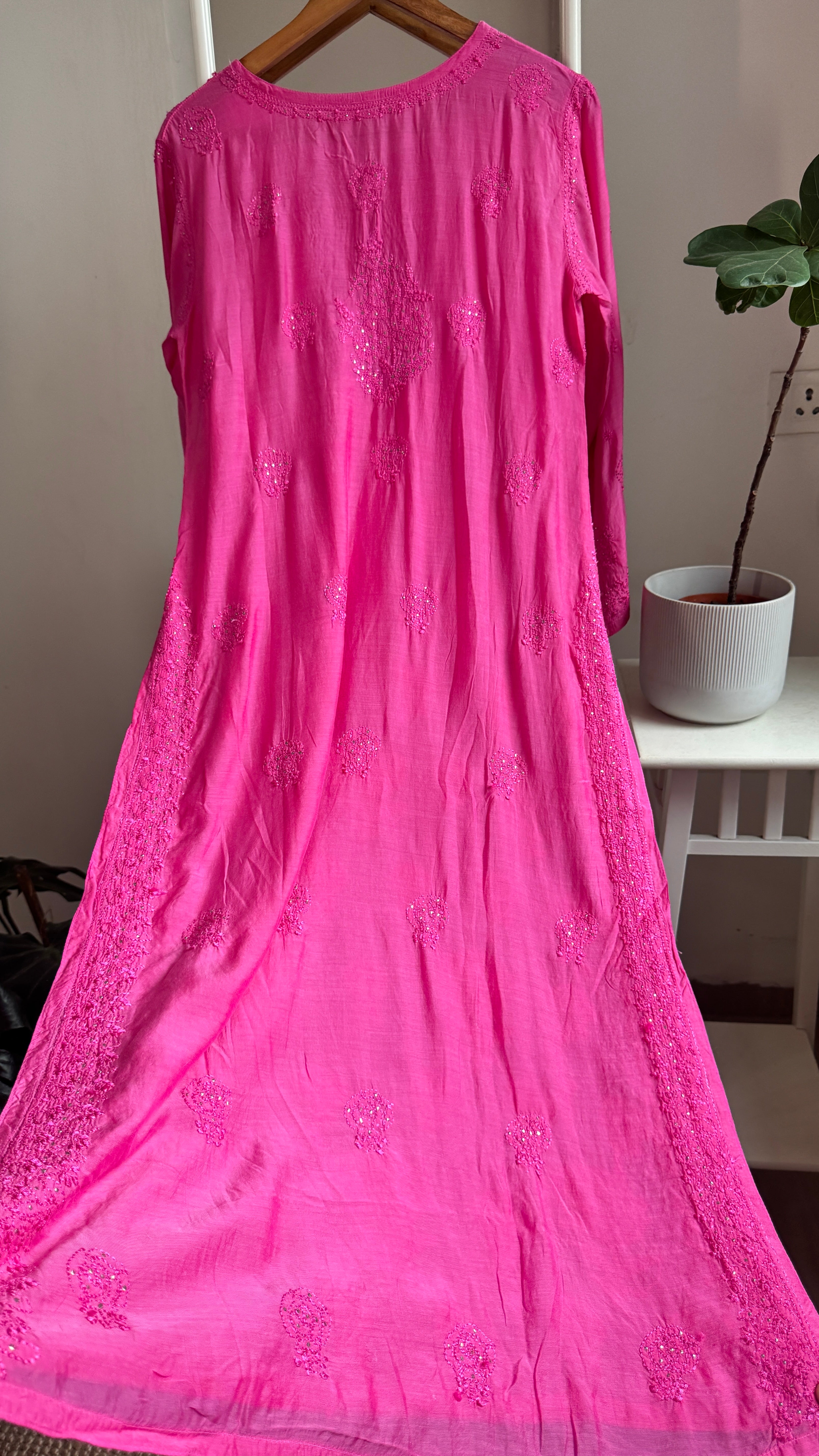 Muslin Chikankari Kurti with Mukaish work - Hot Pink