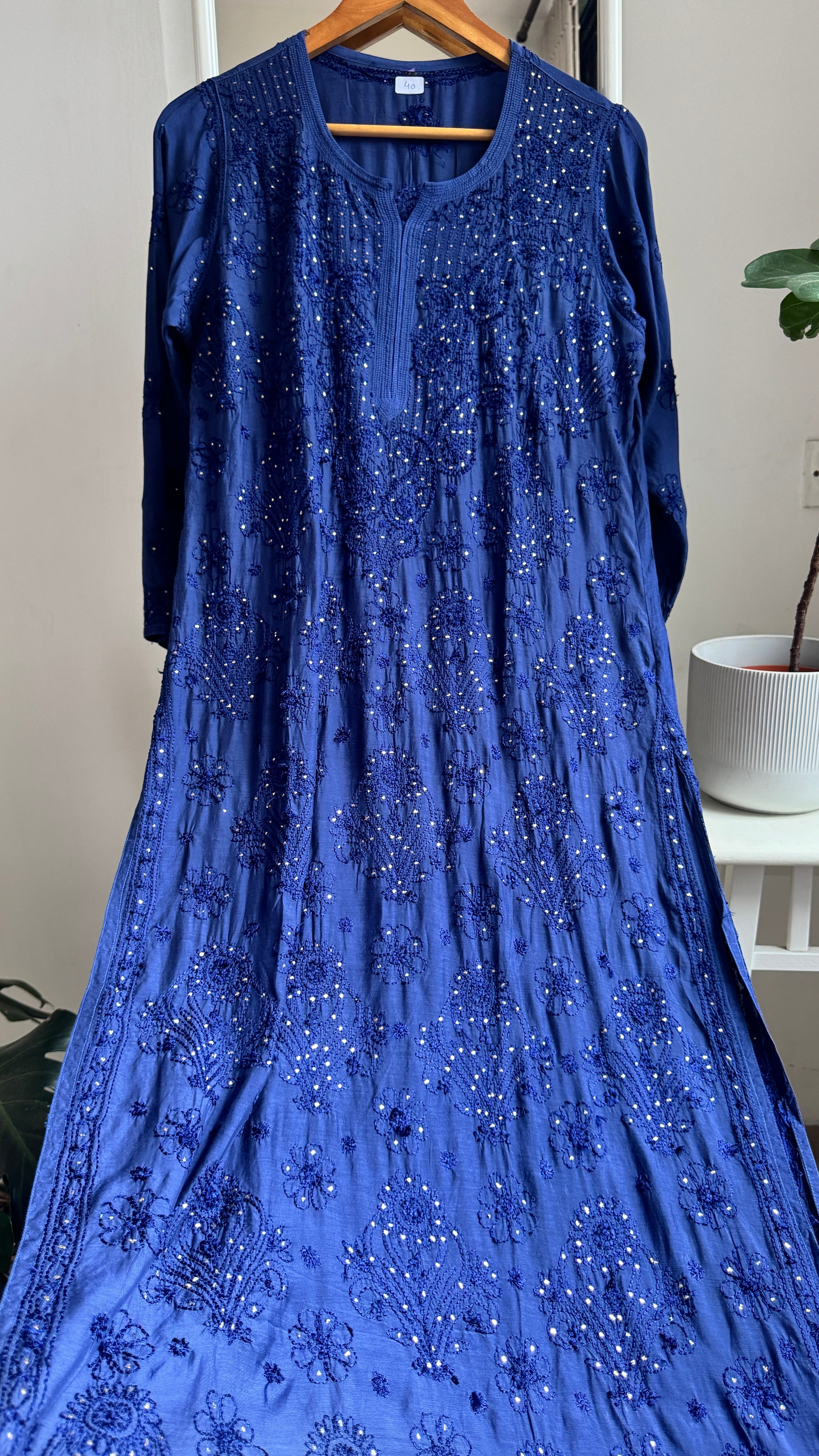 Muslin Chikankari Kurti with Mukaish work - Navy Blue