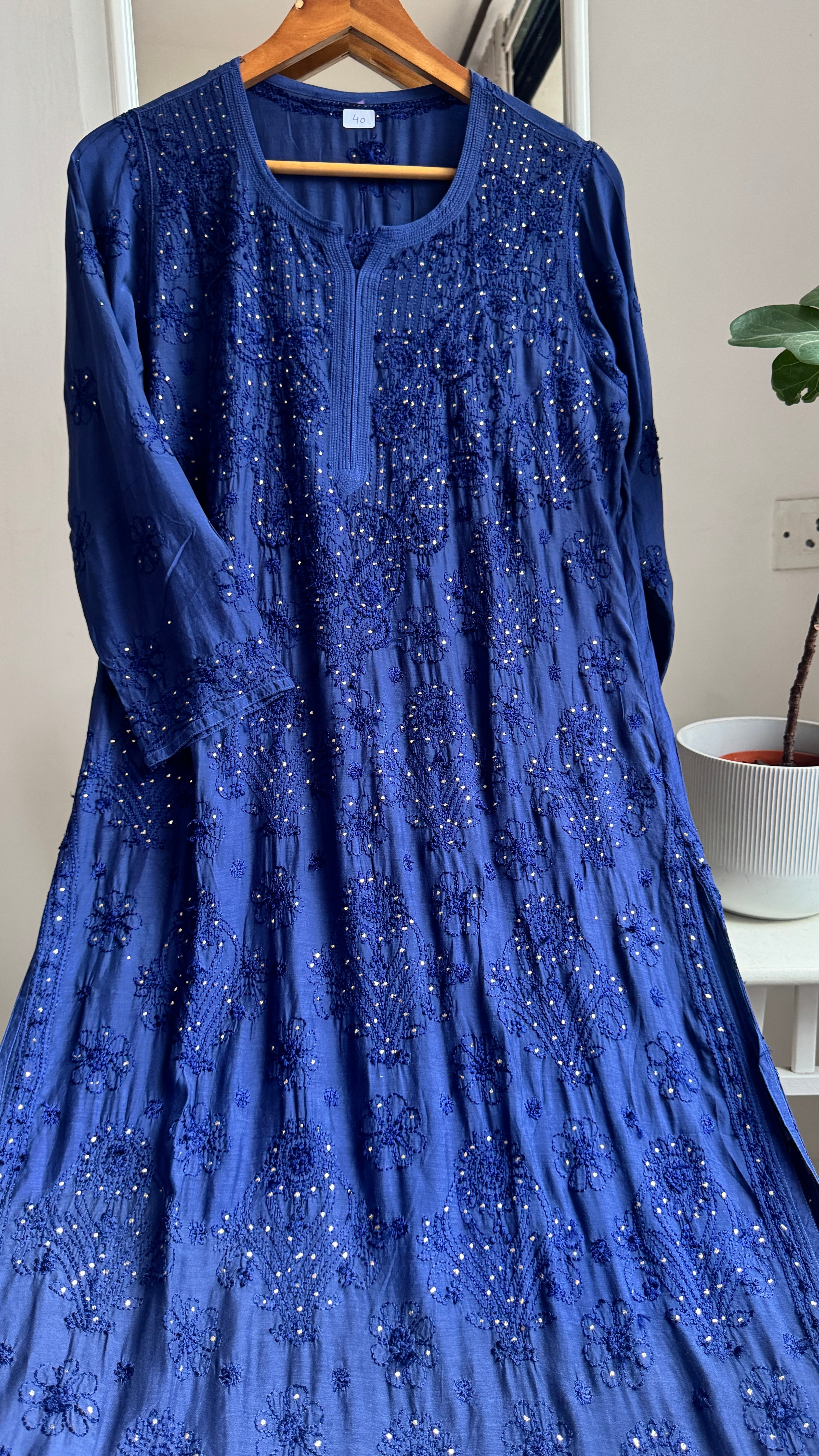 Muslin Chikankari Kurti with Mukaish work - Navy Blue