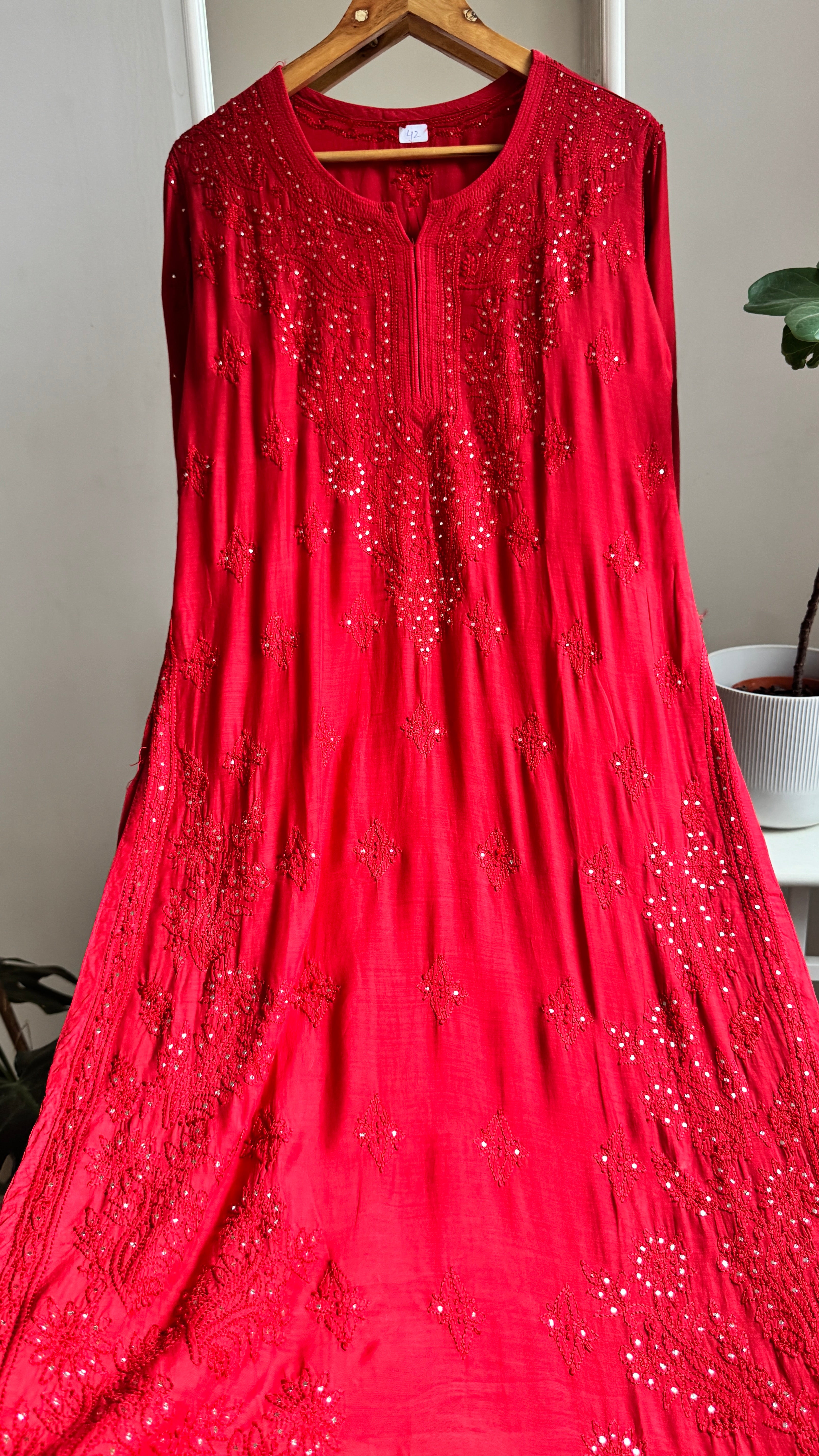 Muslin Chikankari Kurti with Mukaish work - Red