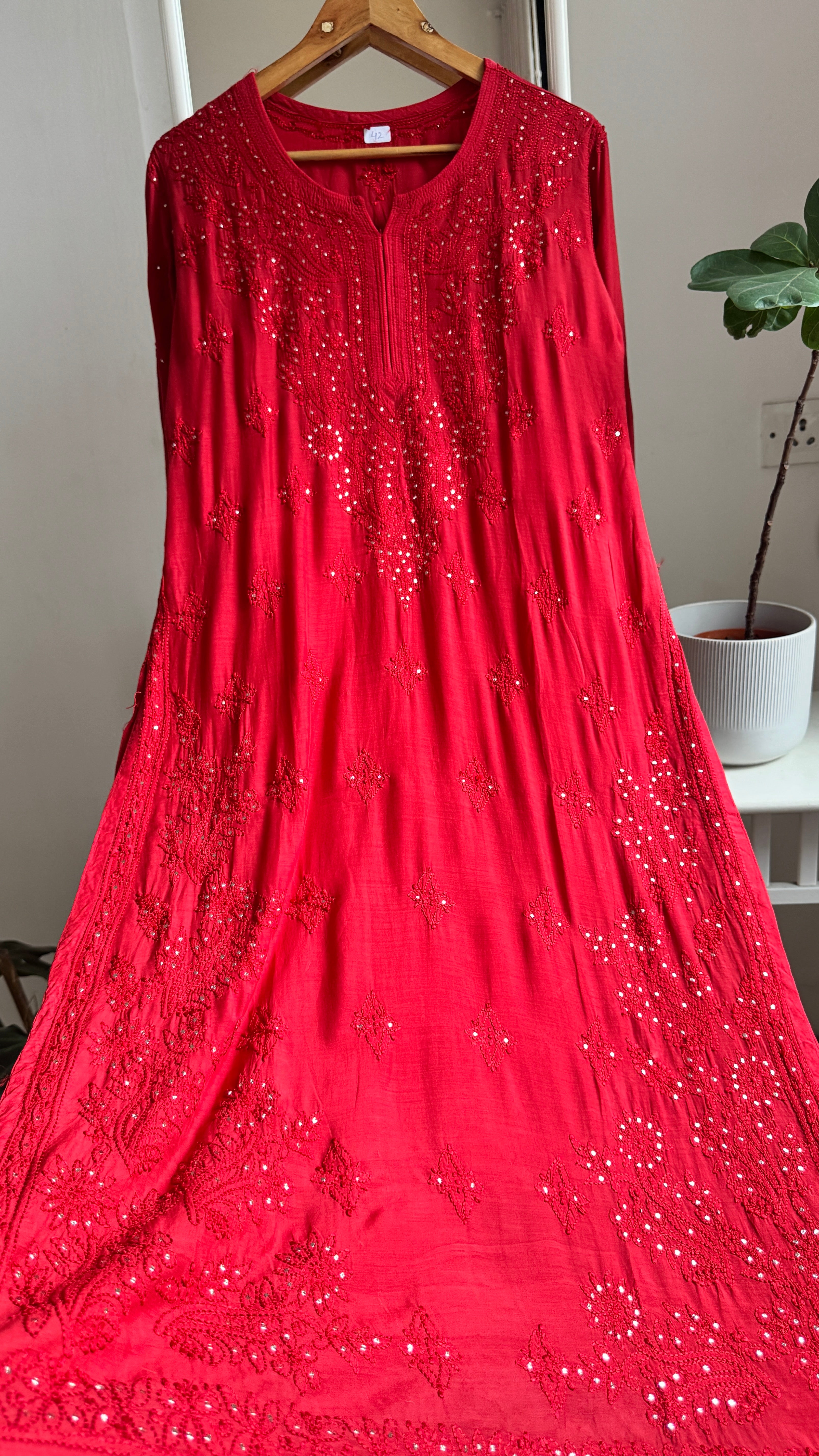 Muslin Chikankari Kurti with Mukaish work - Red