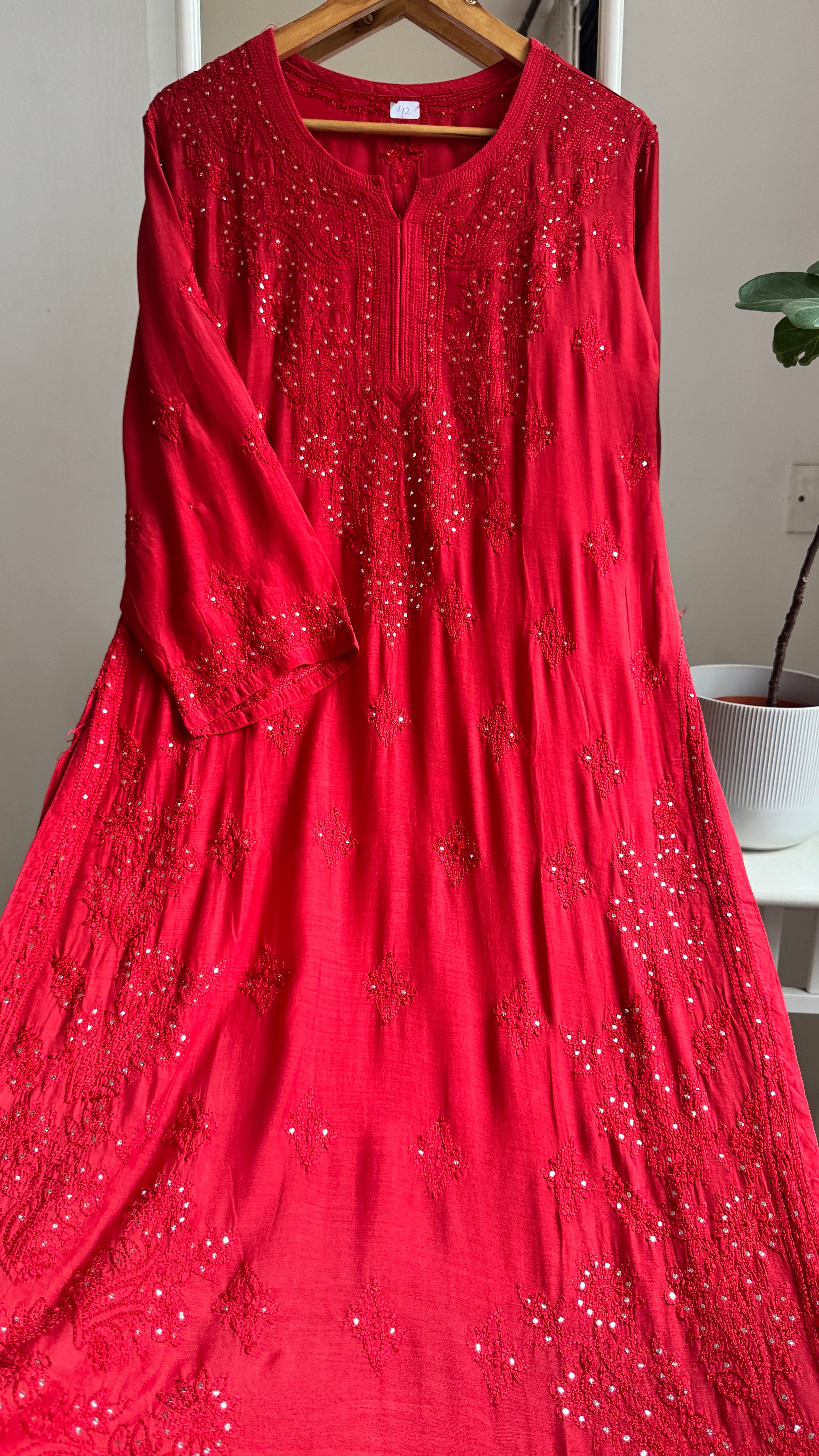 Muslin Chikankari Kurti with Mukaish work - Red