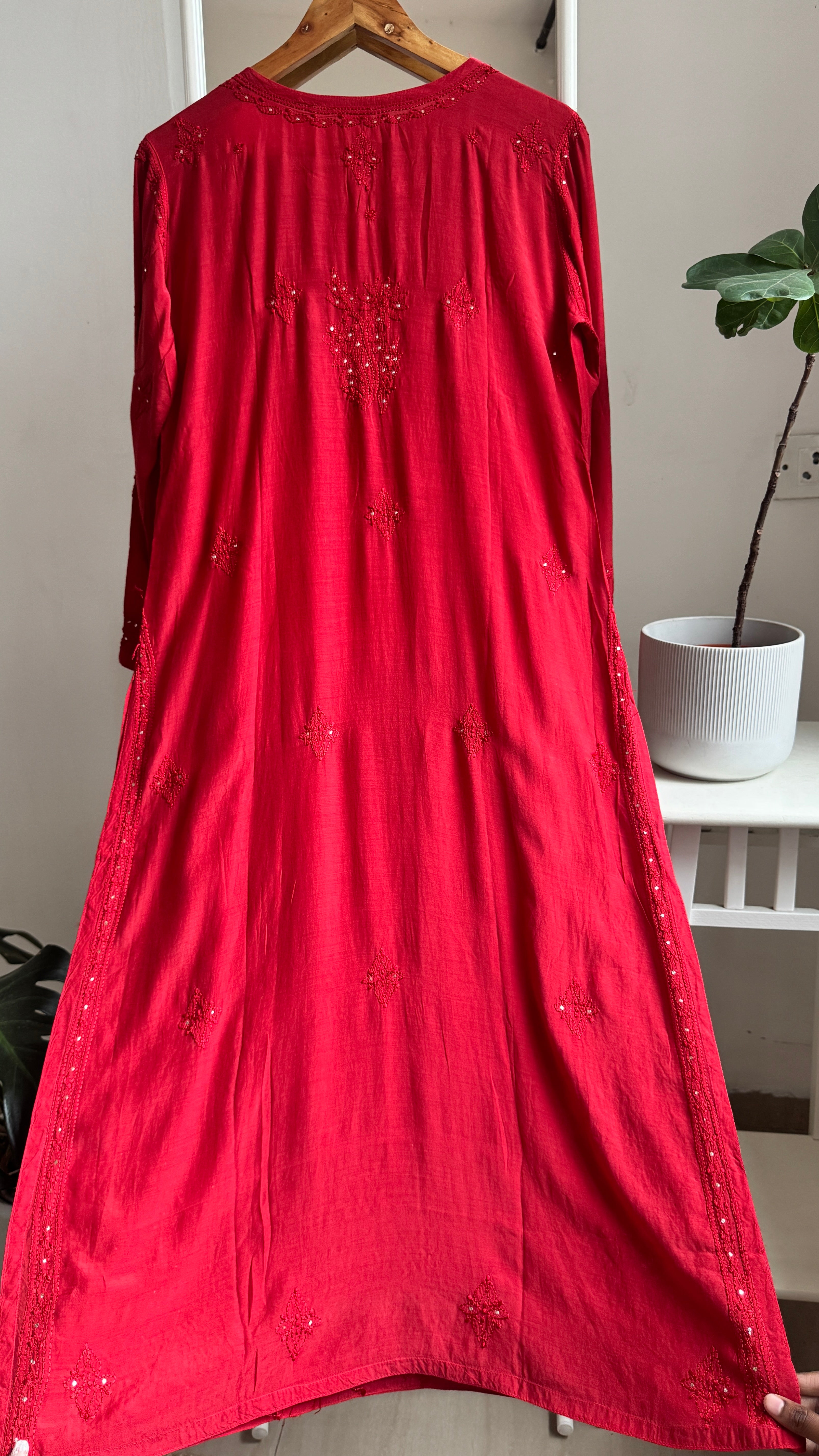 Muslin Chikankari Kurti with Mukaish work - Red