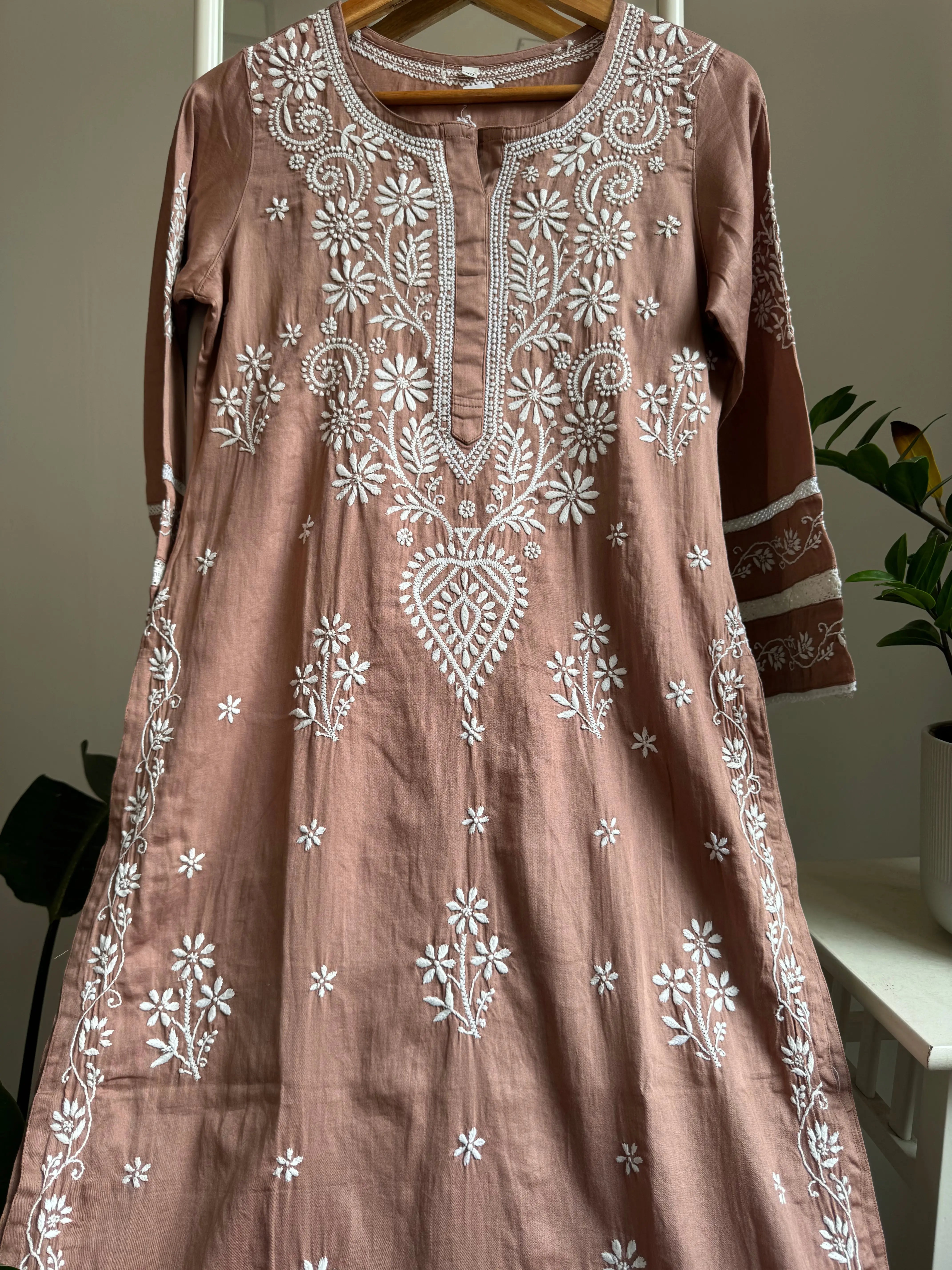 Cotton Chikankari Kurti -  Coffee Brown ARIAA CHIKANKARI 