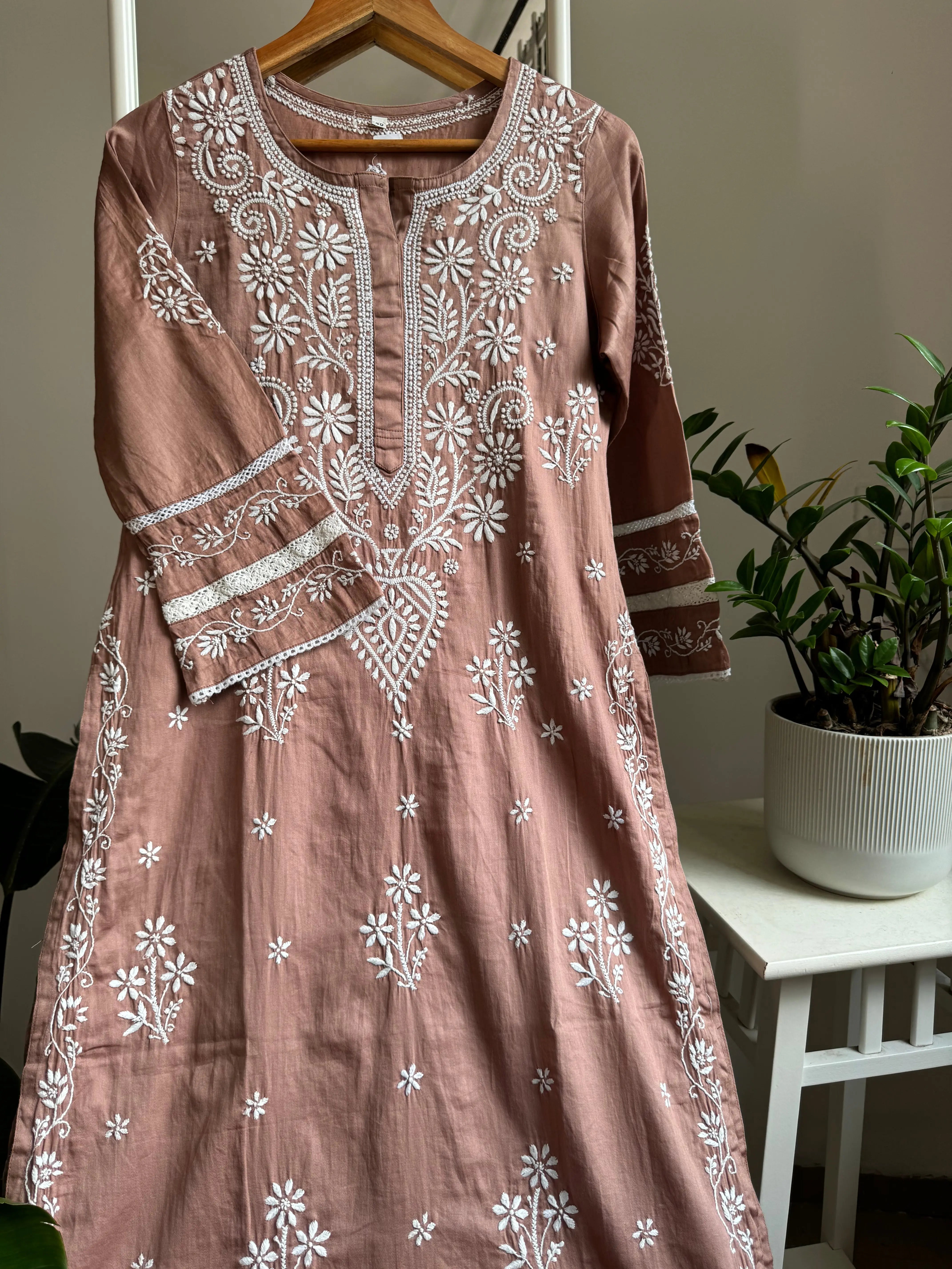 Cotton Chikankari Kurti -  Coffee Brown ARIAA CHIKANKARI 