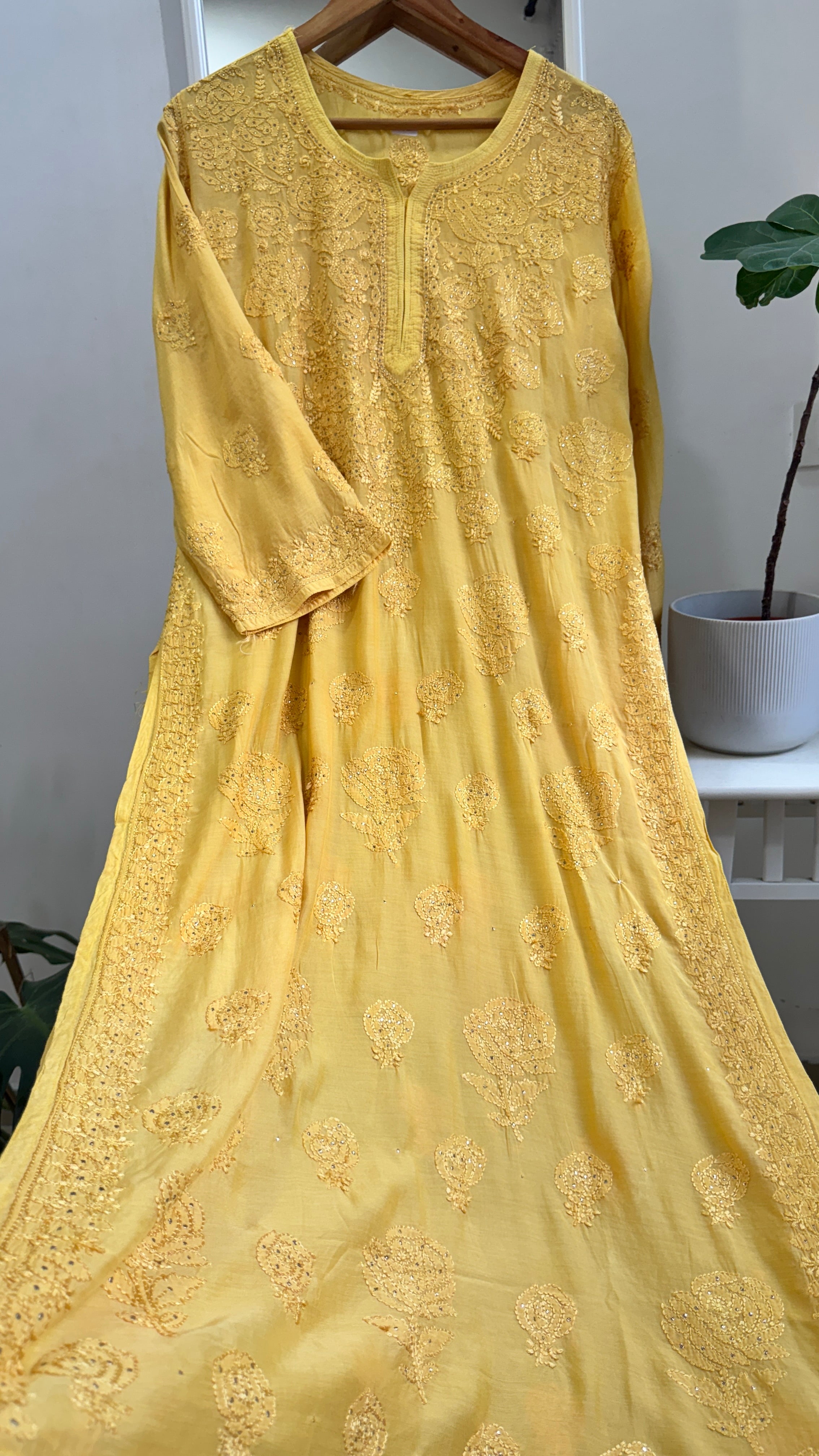 Muslin Chikankari Kurti with Mukaish work - Canary Yellow