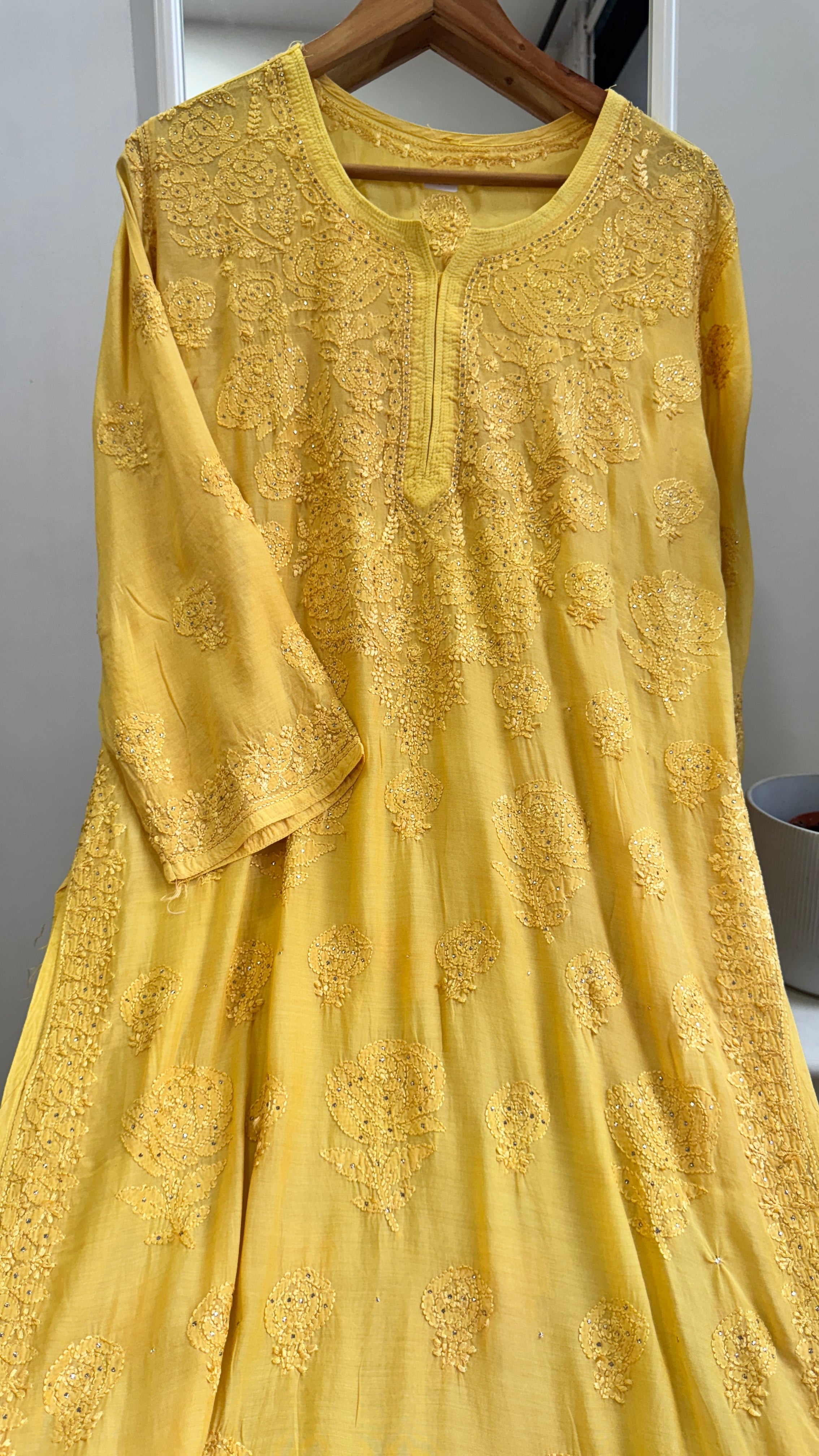 Muslin Chikankari Kurti with Mukaish work - Canary Yellow